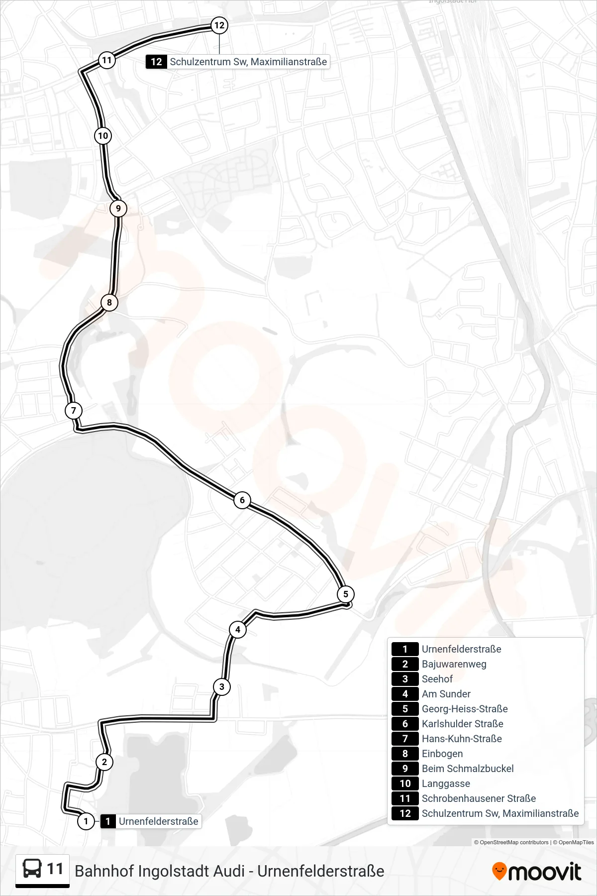 11 bus Line (Schulzentrum SW) route and stops on a map