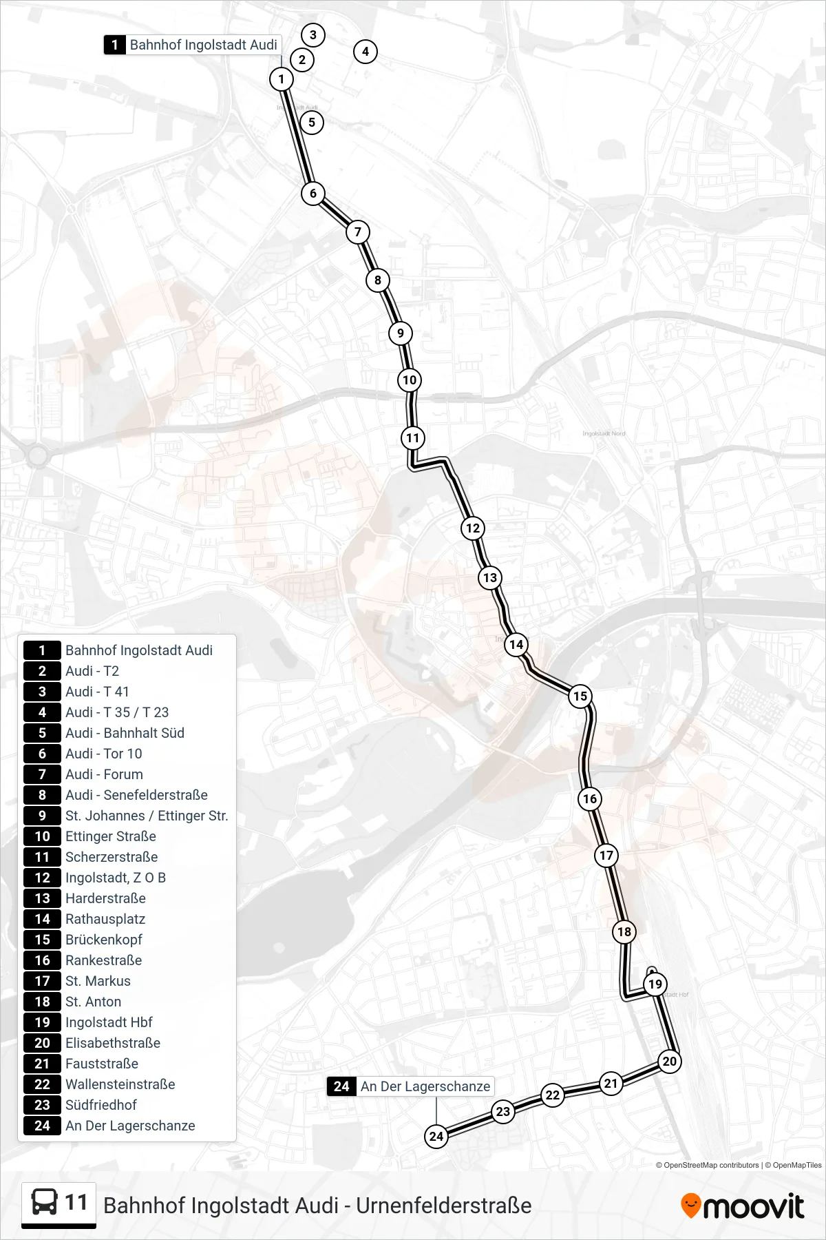 11 bus Line (Südfriedhof Ü. Hauptbahnhof) route and stops on a map