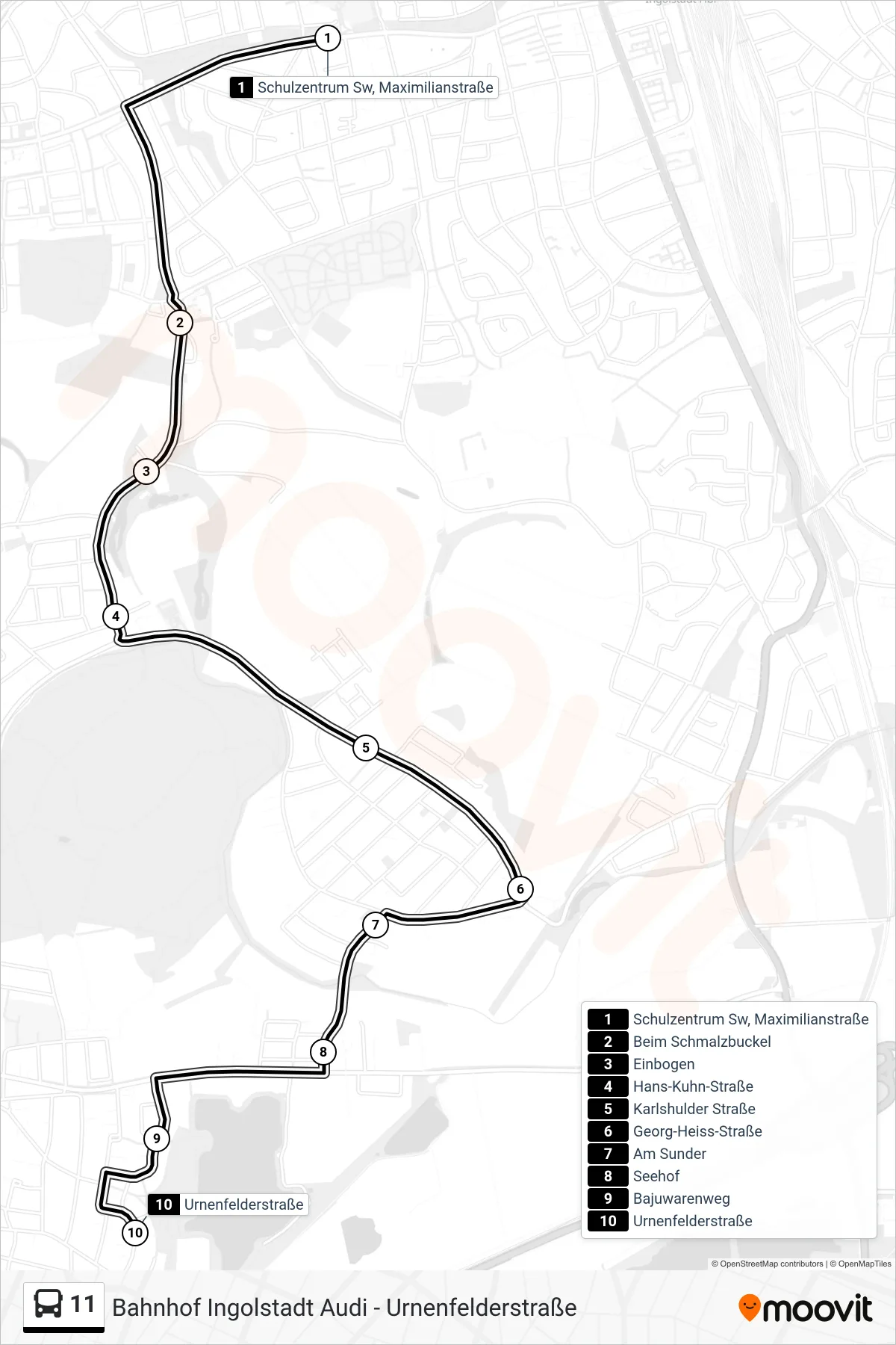 11 bus Line (Urnenfelderstr.) route and stops on a map