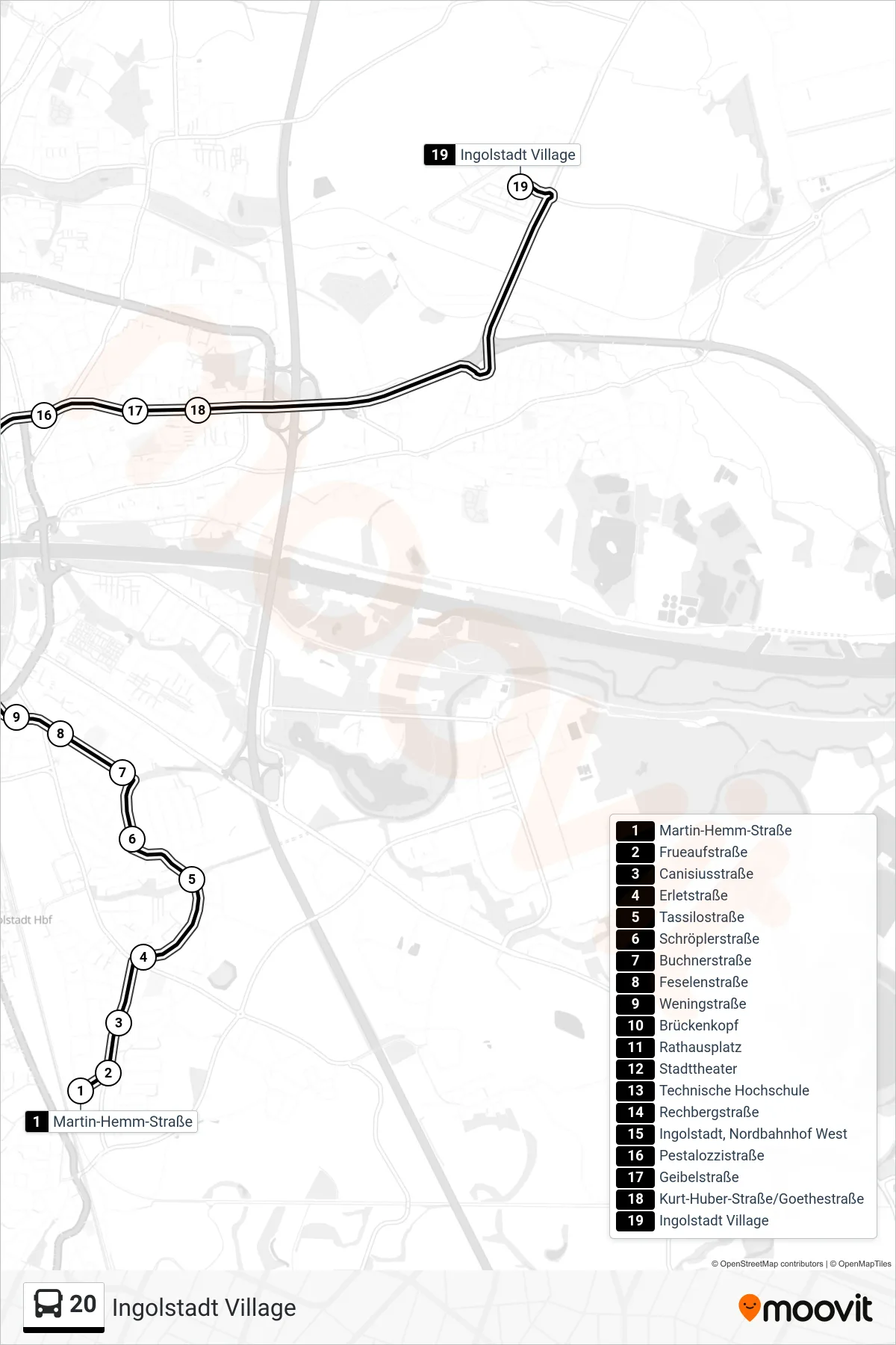 20 bus Line (Ingolstadt Village) route and stops on a map