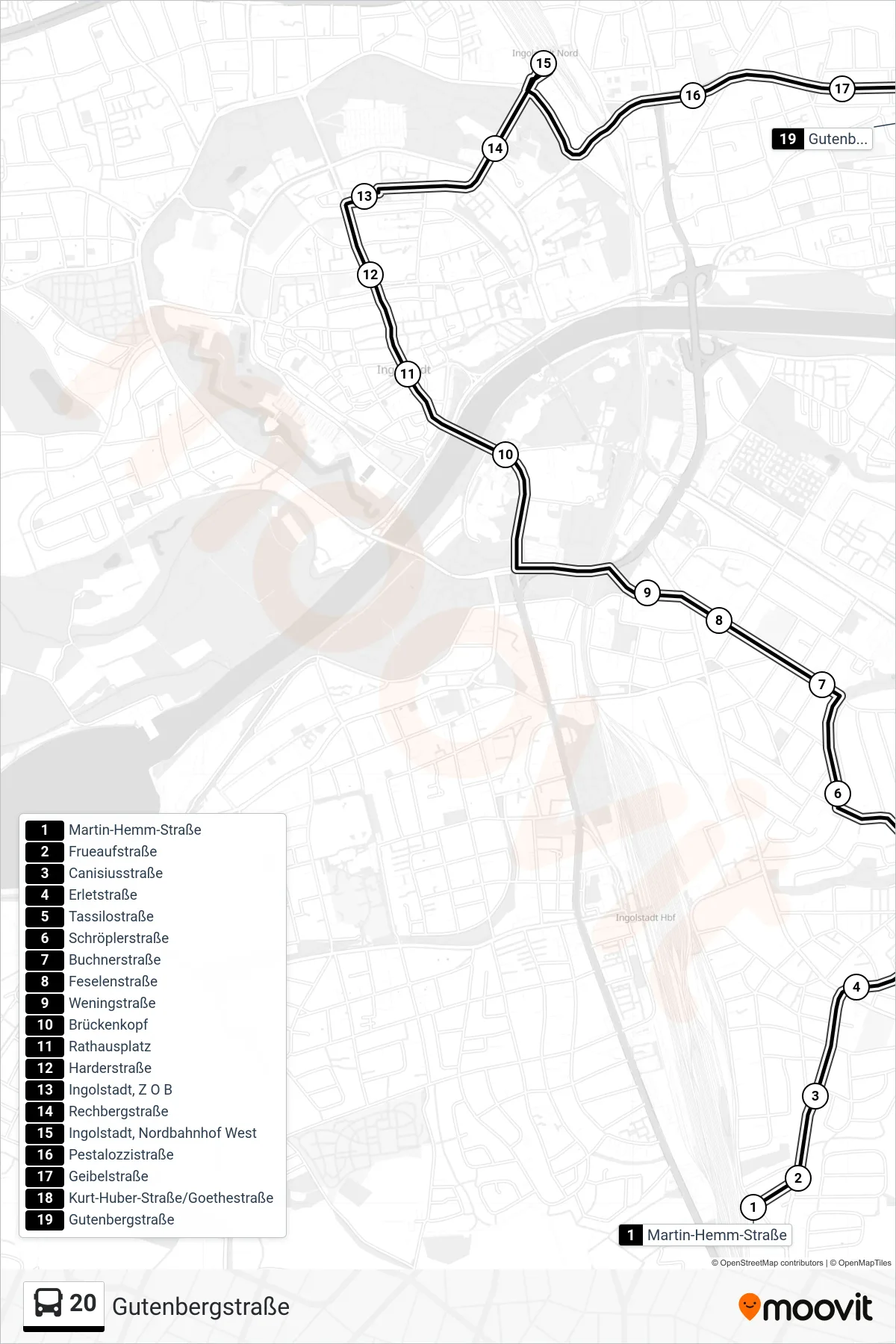 20 bus Line (Gutenbergstraße) route and stops on a map