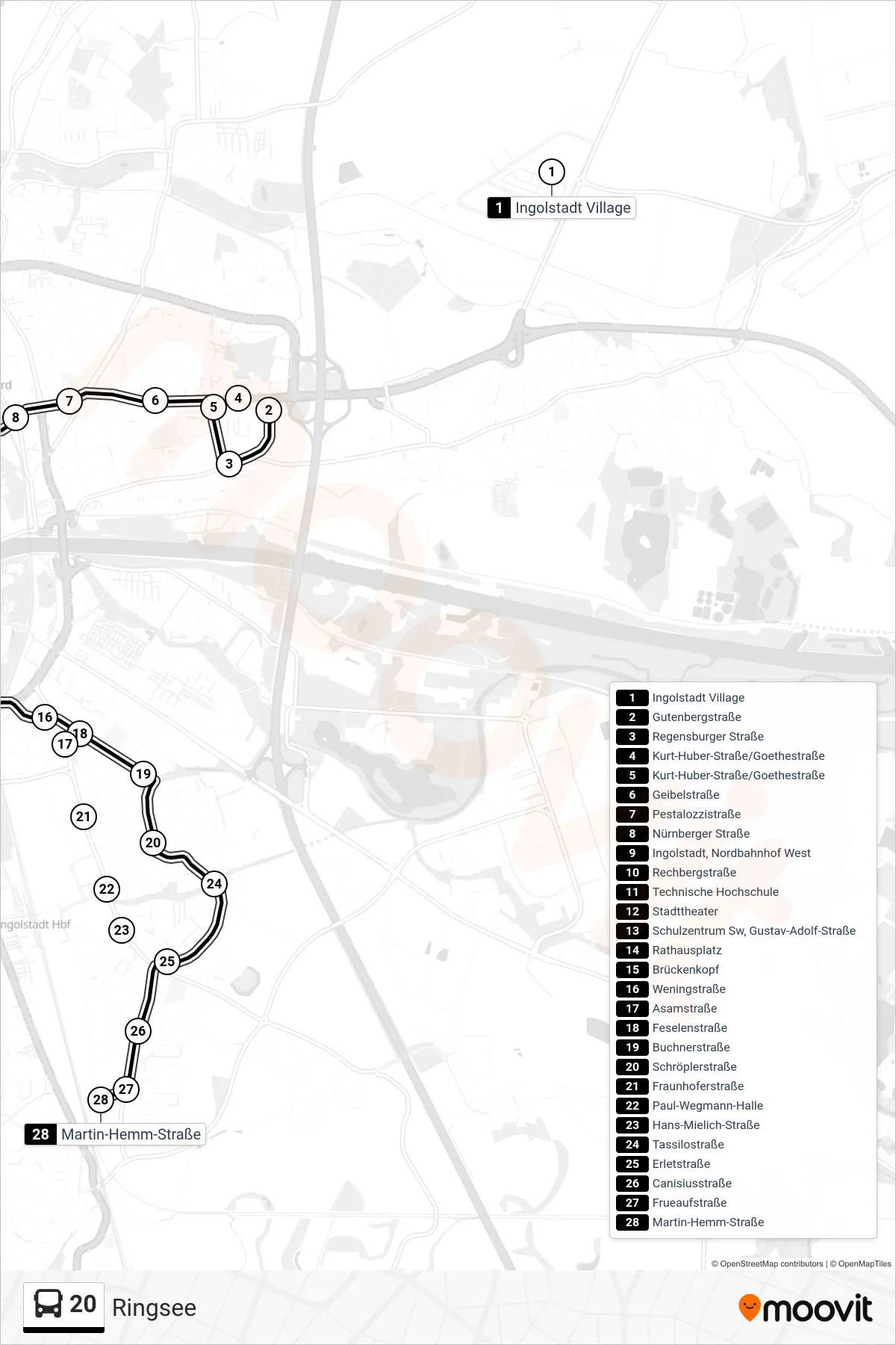 20 bus Line (Ringsee) route and stops on a map