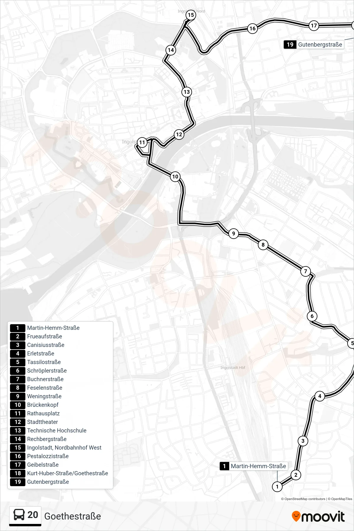 20 bus Line (Goethestraße) route and stops on a map