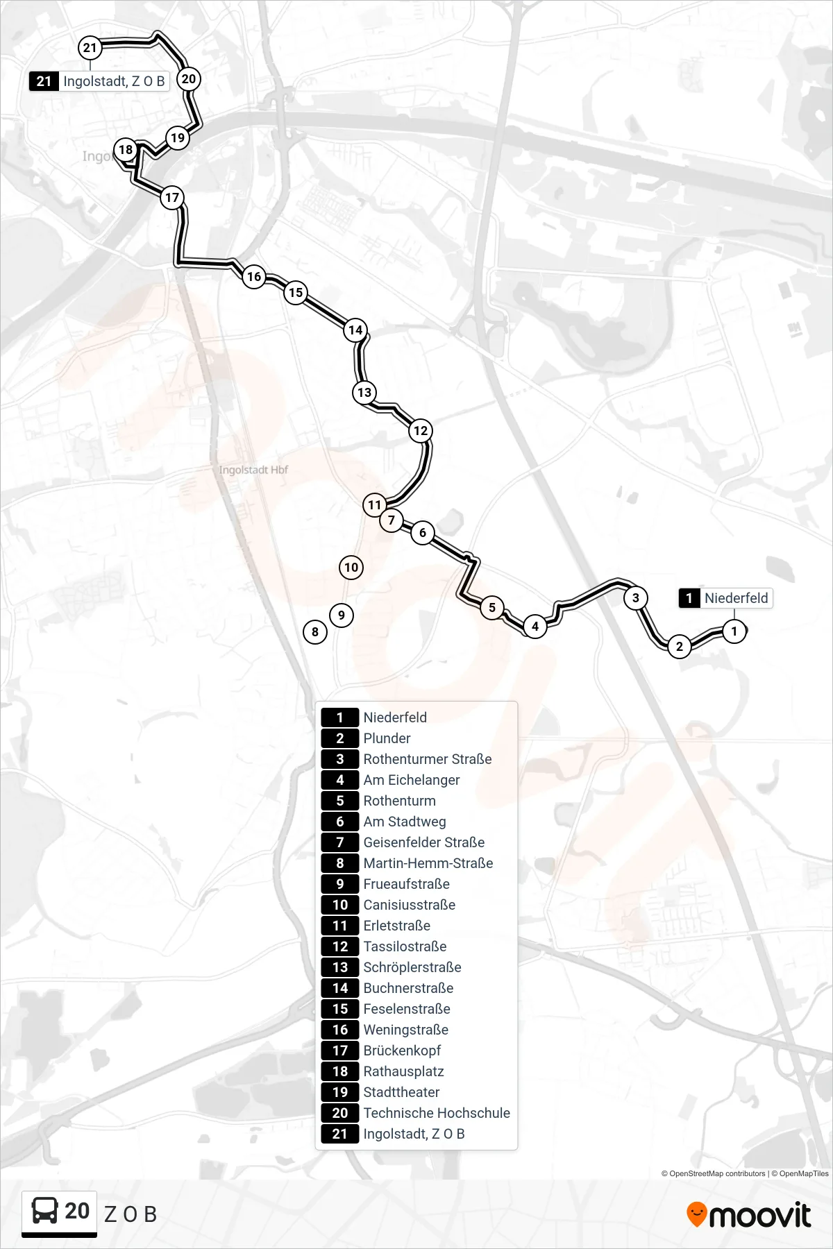 20 bus Line (Z O B) route and stops on a map