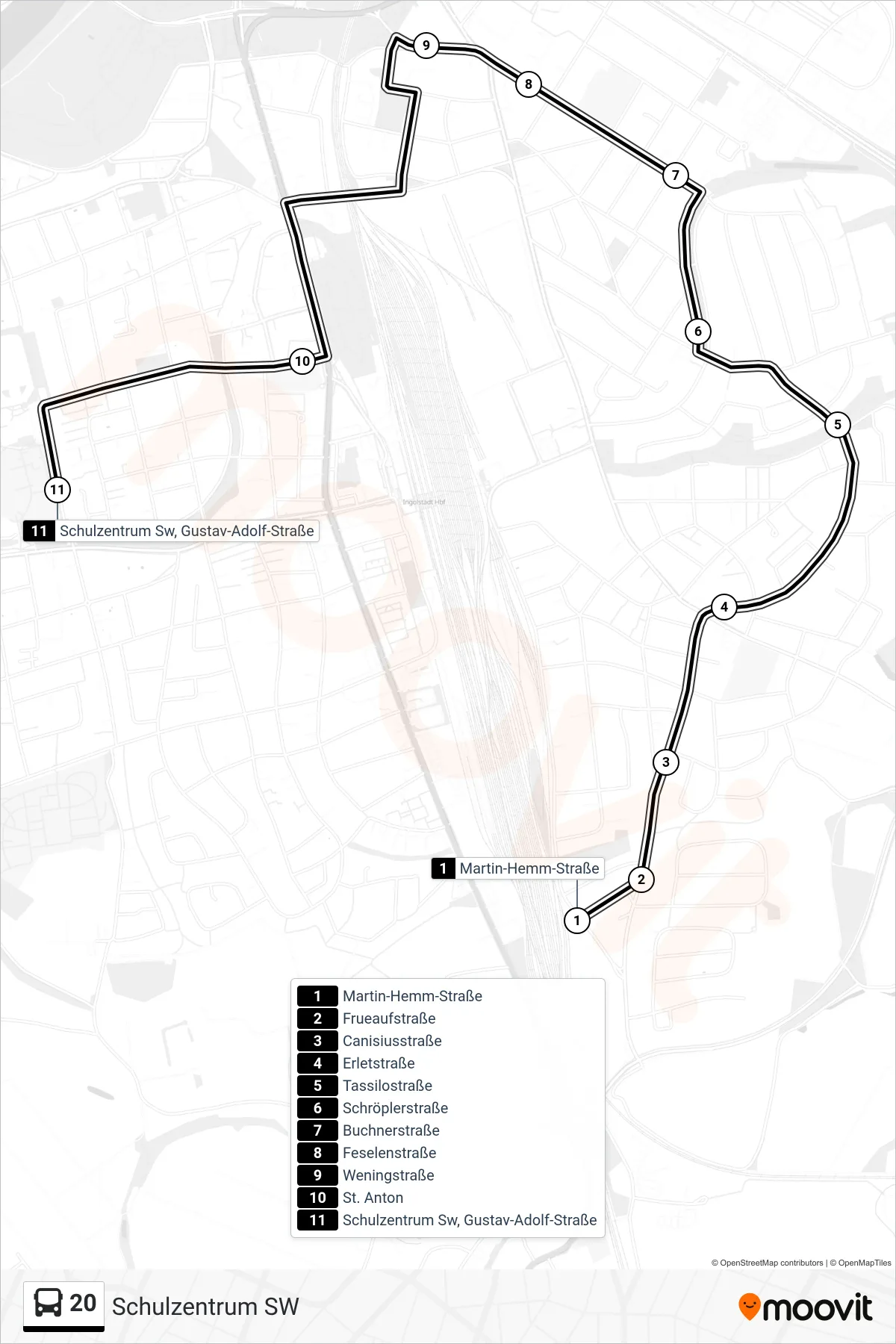 20 bus Line (Schulzentrum SW) route and stops on a map