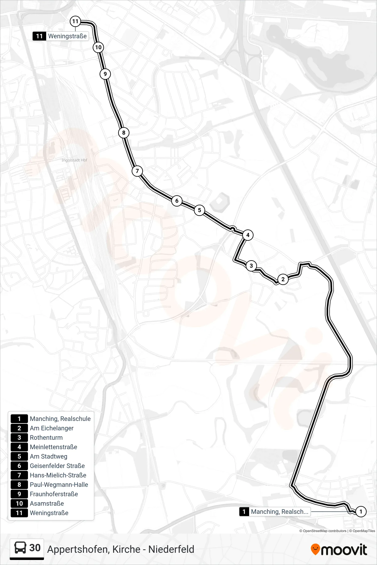 30 bus Line (Weningstraße) route and stops on a map