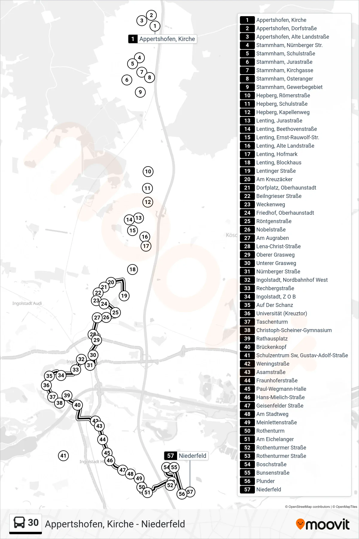30 bus Line (Niederfeld) route and stops on a map