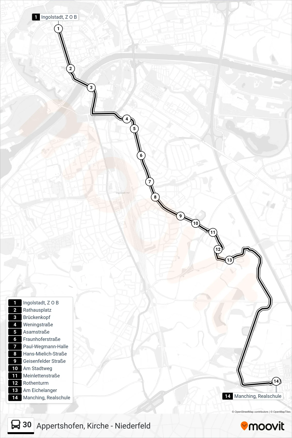 30 bus Line (Manching Realschule) route and stops on a map