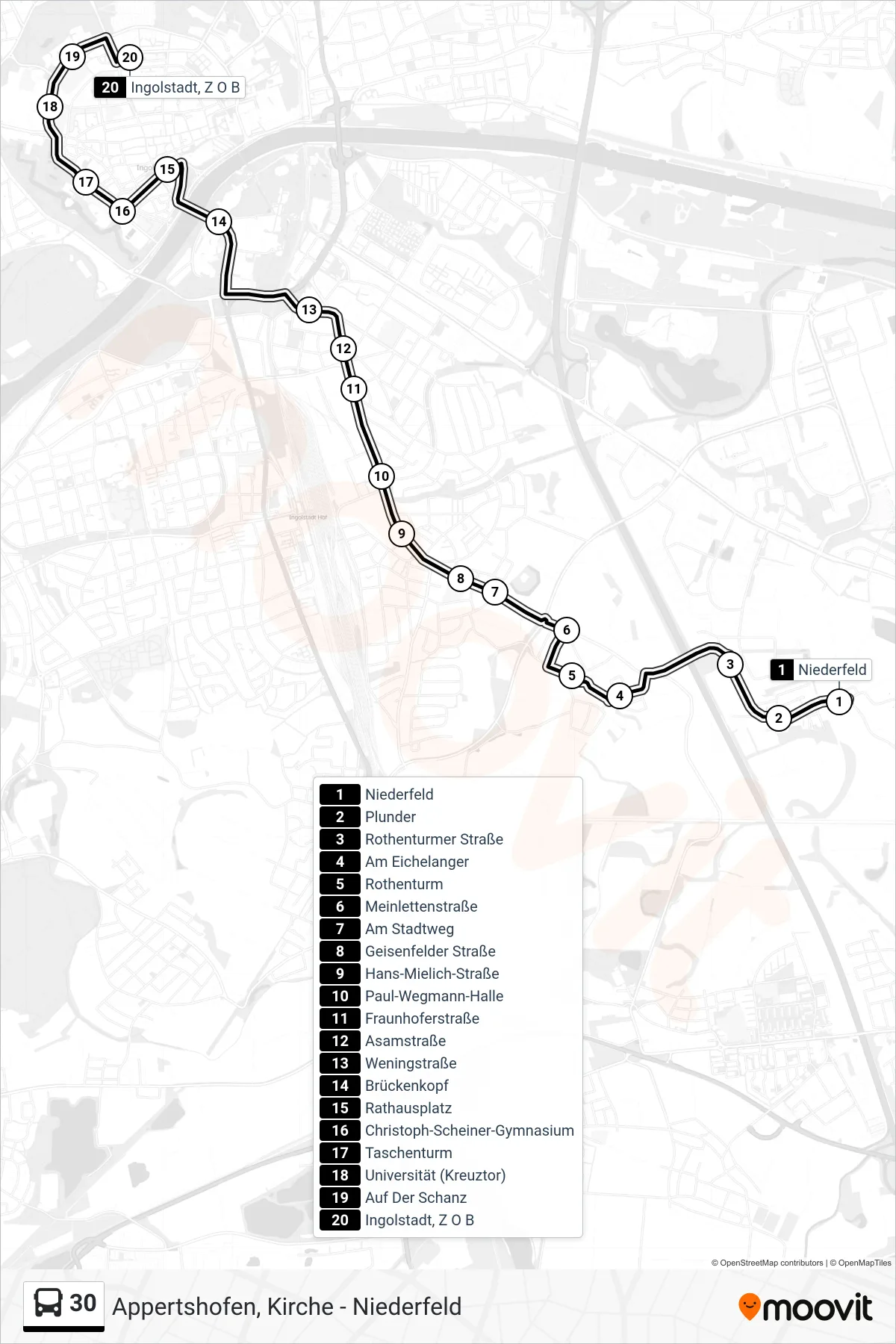 30 bus Line (Z O B) route and stops on a map