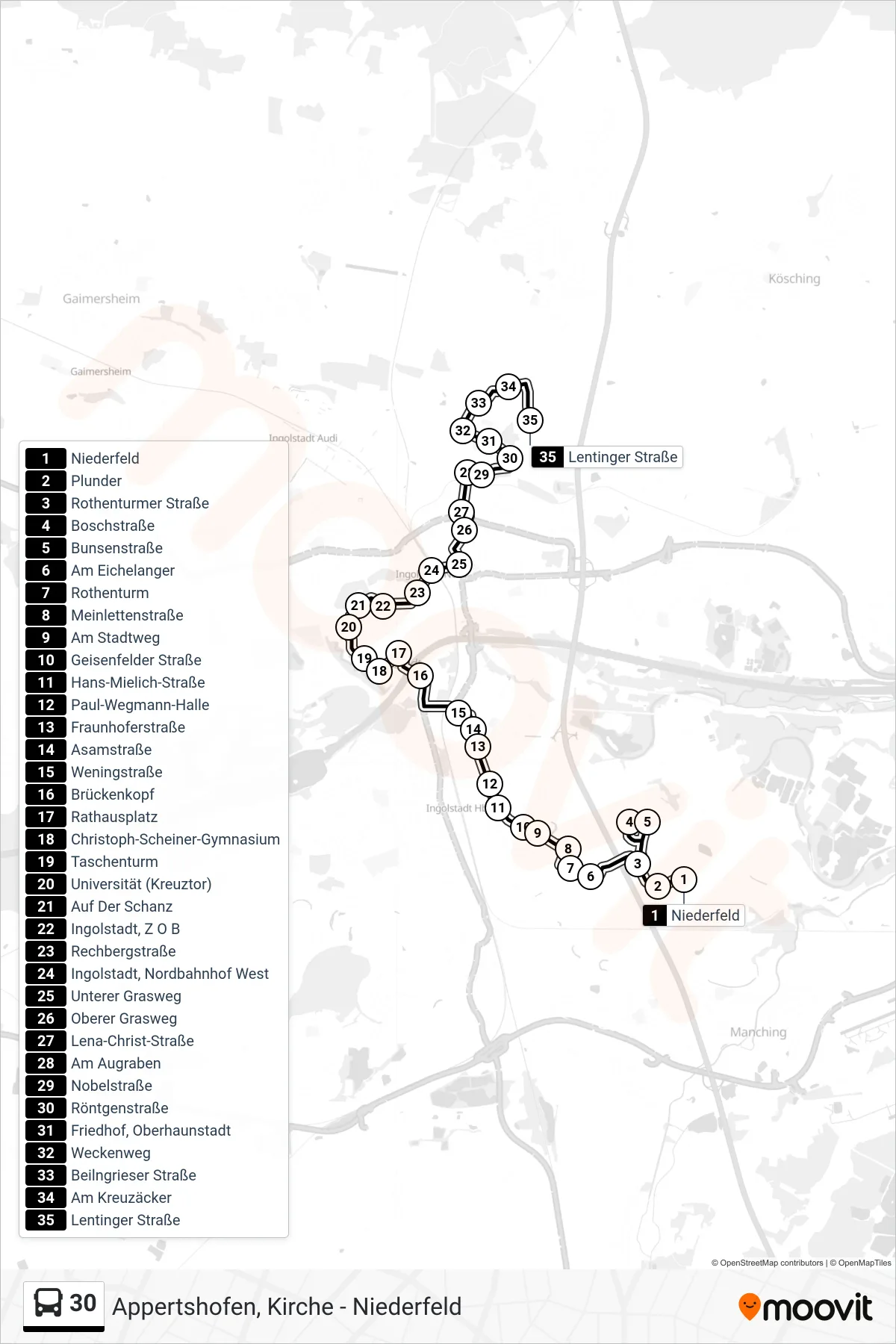 30 bus Line (Oberhaunstadt) route and stops on a map