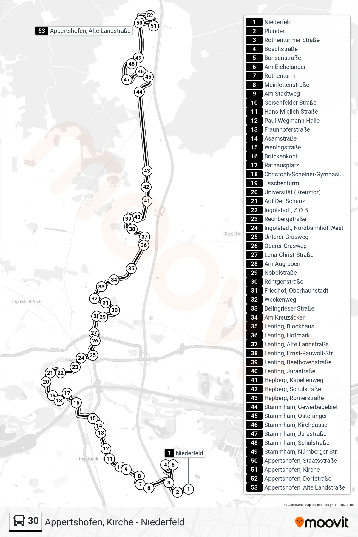 30 bus Line (Appertshofen) route and stops on a map