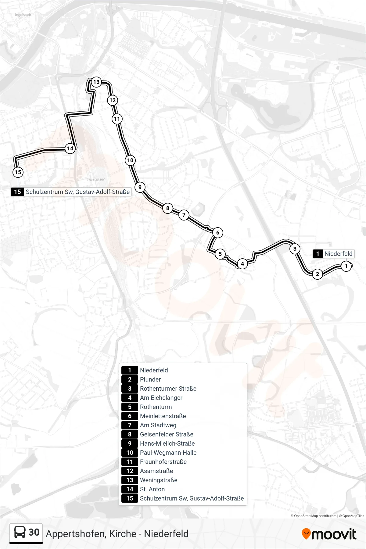 30 bus Line (Schulzentrum SW) route and stops on a map
