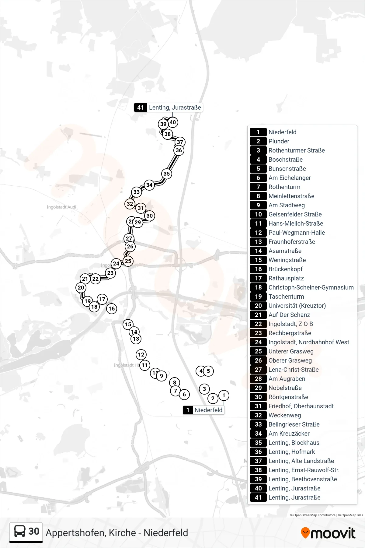Linie 30 (Bus) Richtung Lenting: Route und Haltestellen auf der Karte