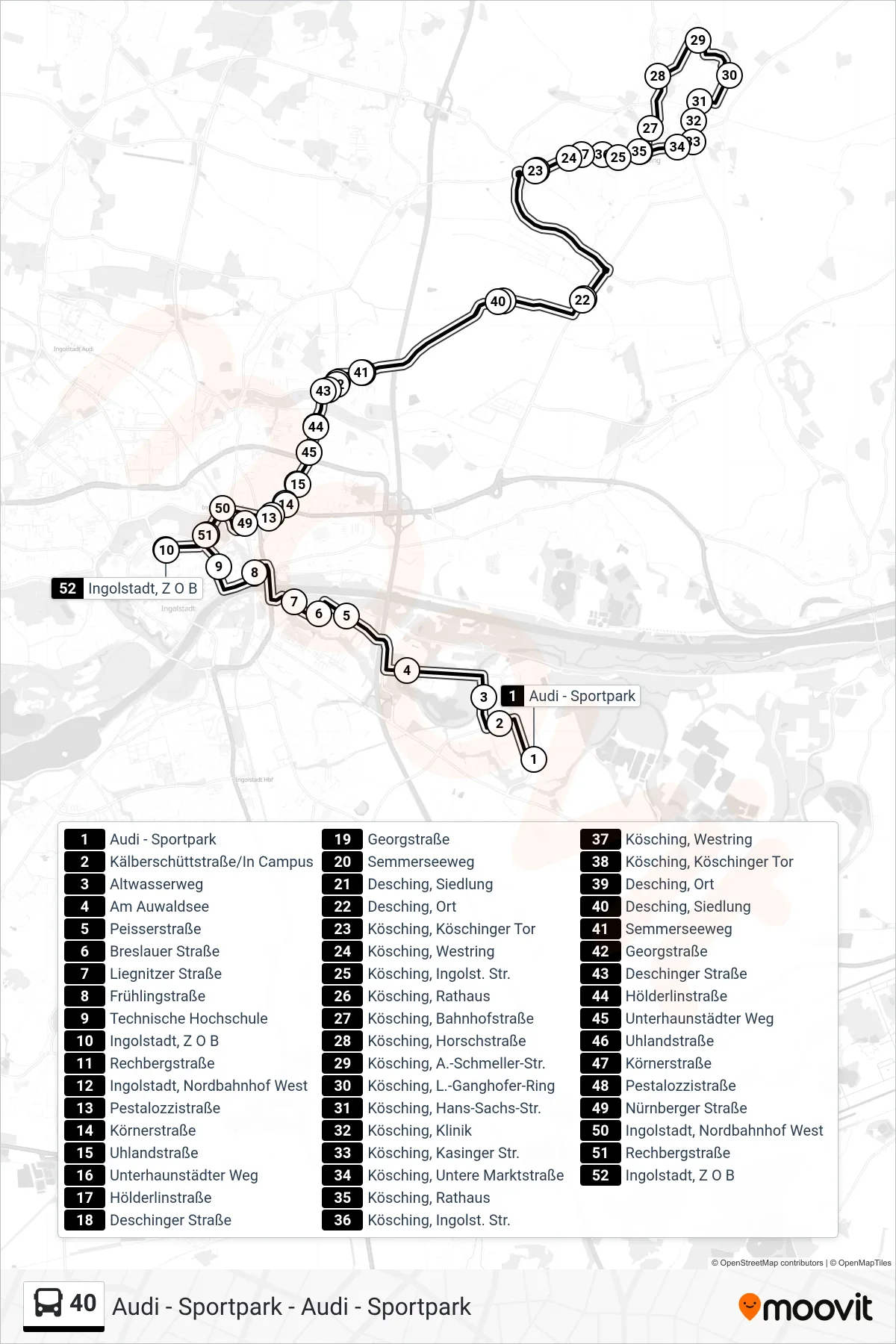 40 bus Line (Ingolstadt, Z O B) route and stops on a map