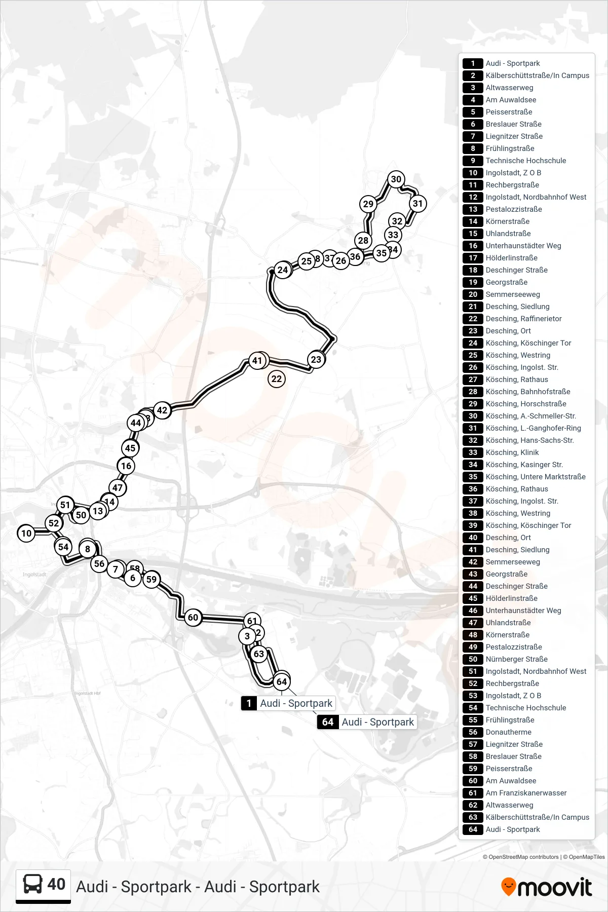 40 bus Line (Audi - Sportpark) route and stops on a map