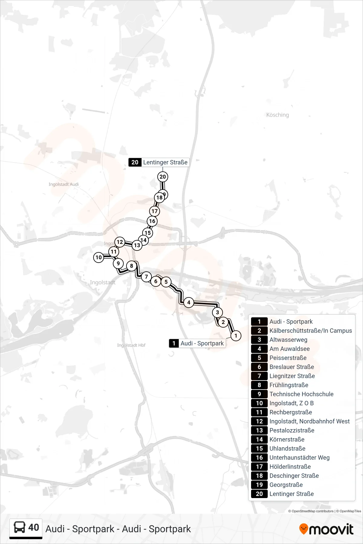 40 bus Line (Unterhaunstadt) route and stops on a map