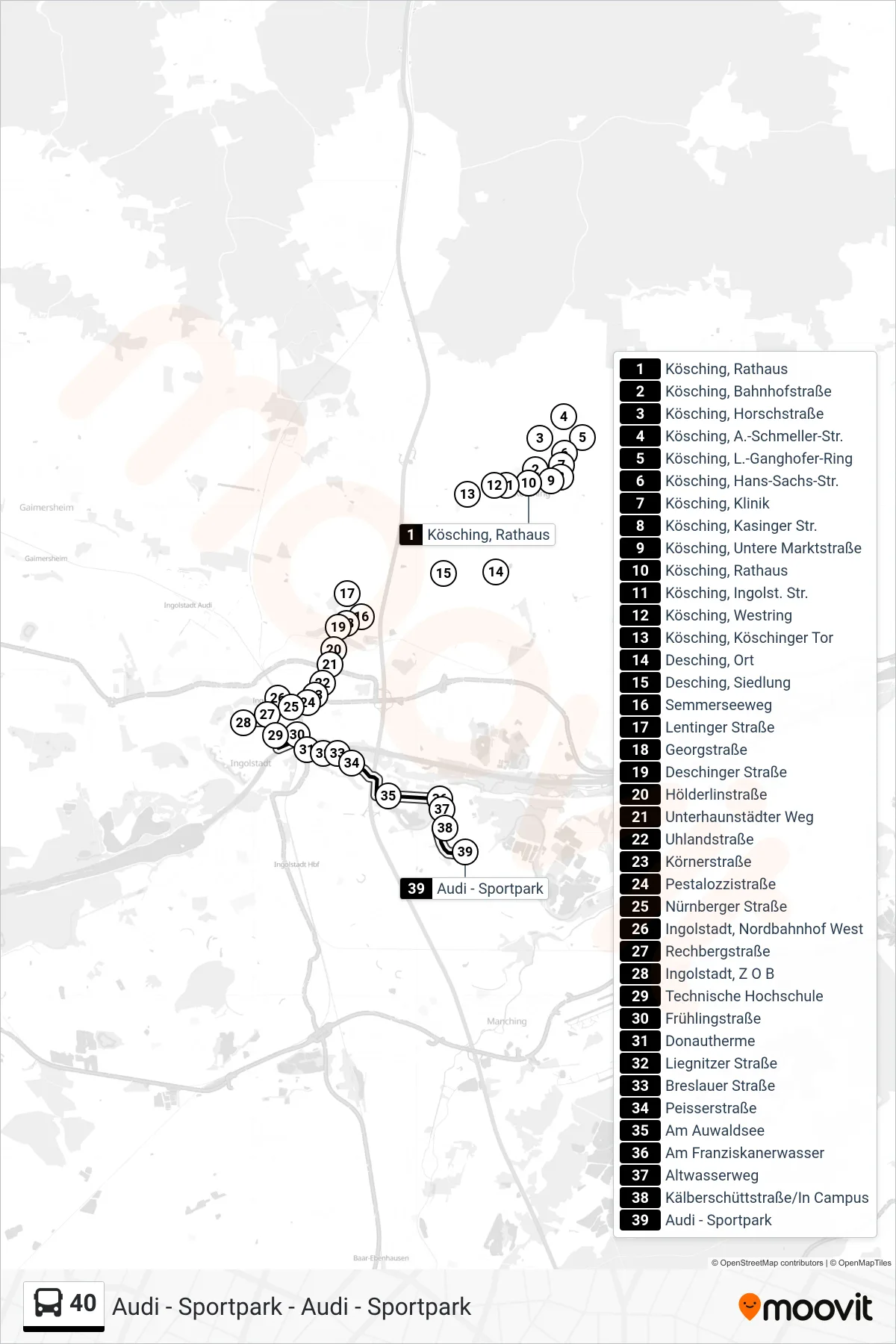 Linie 40 (Bus) Richtung Audi-Sportpark: Route und Haltestellen auf der Karte
