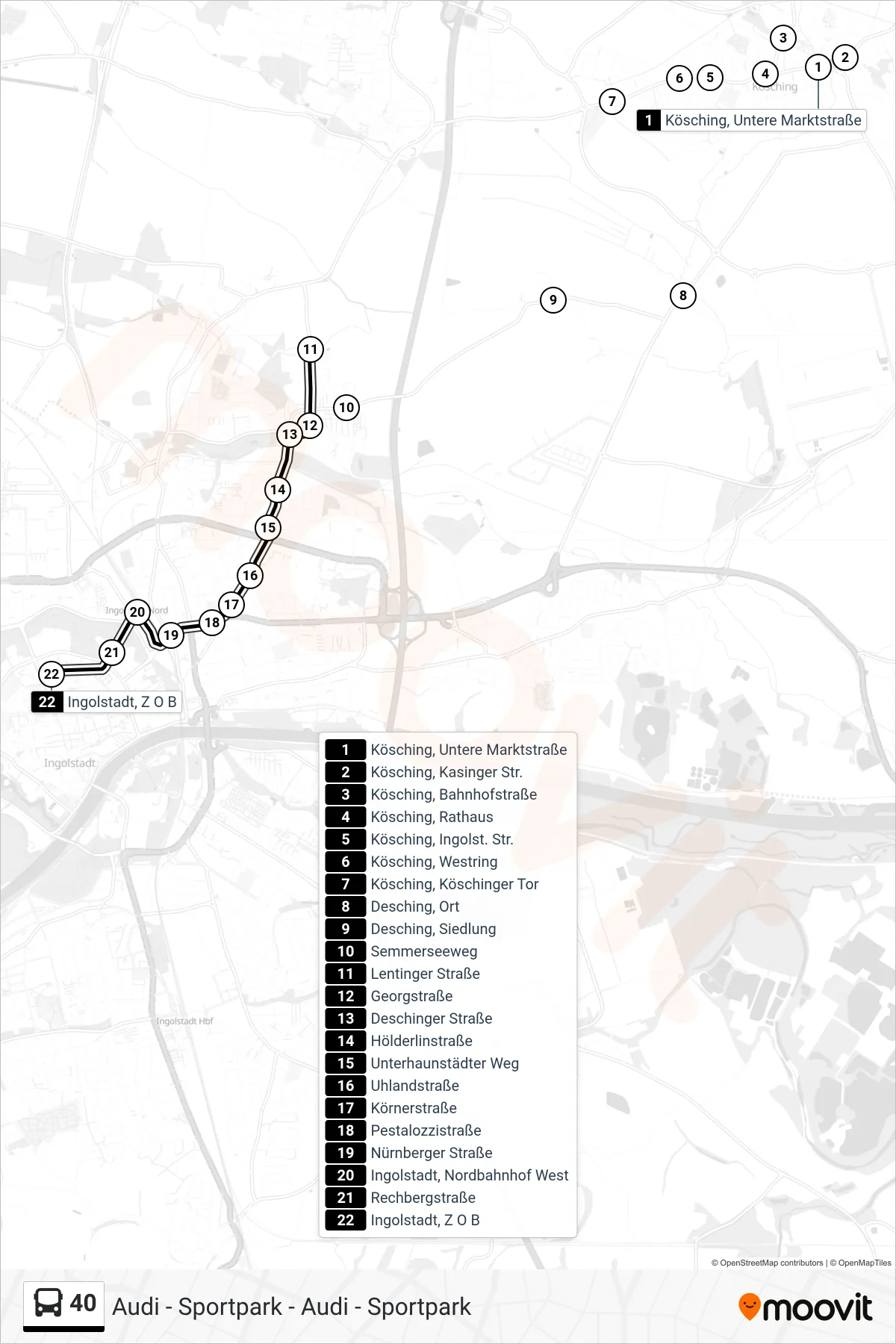 Linie 40 (Bus) Richtung Z O B: Route und Haltestellen auf der Karte