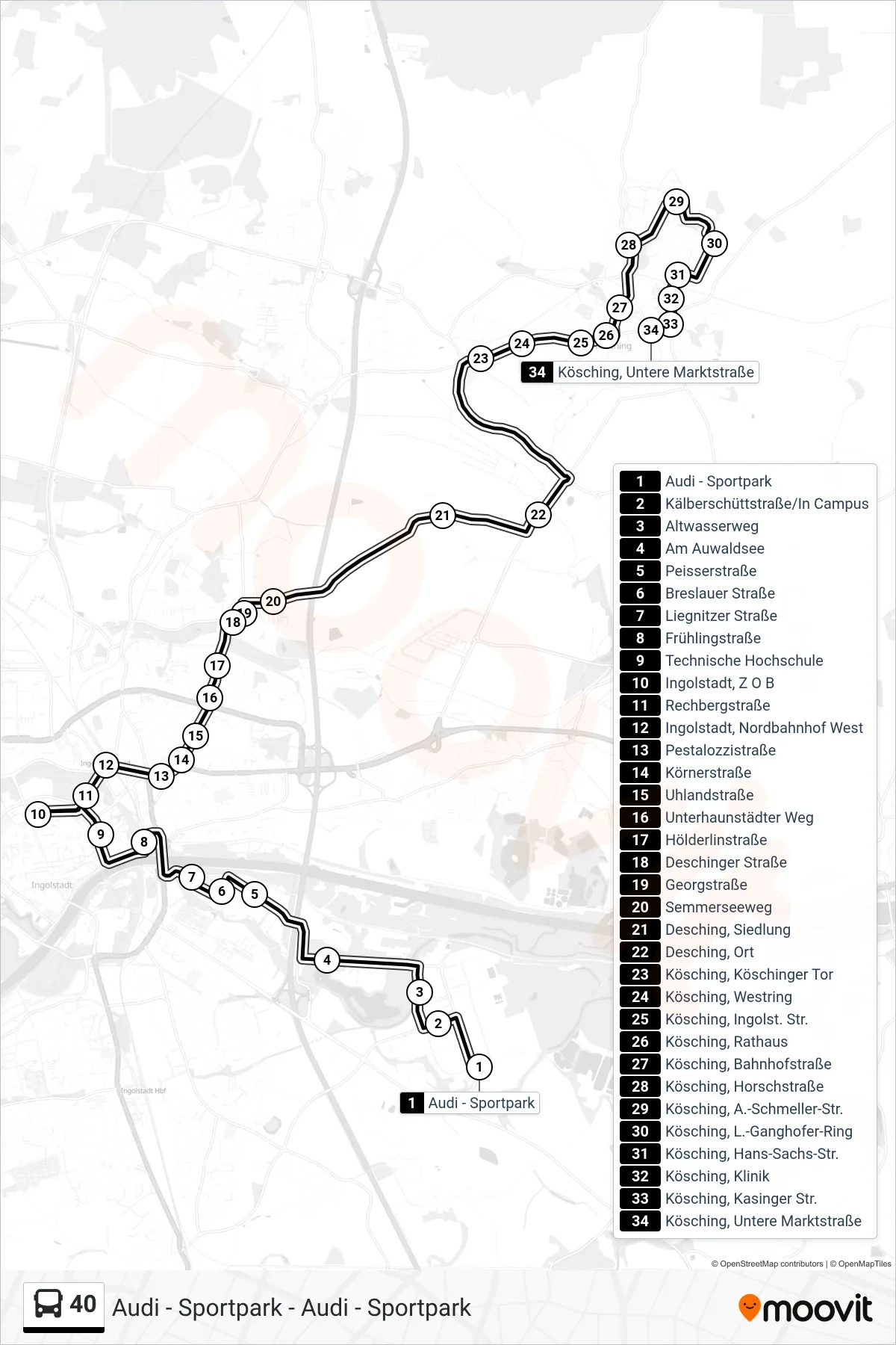 40 bus Line (Kösching) route and stops on a map