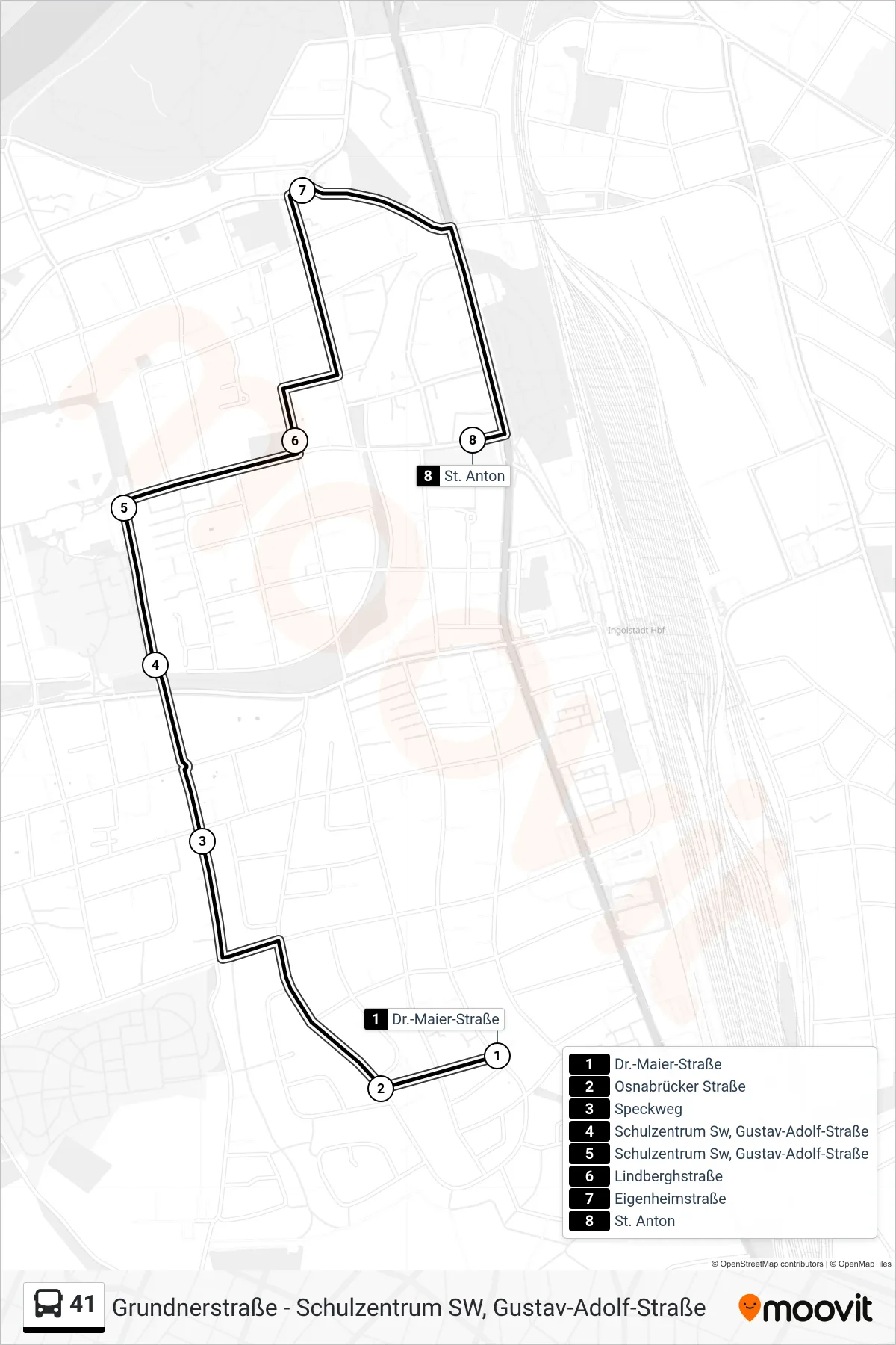 41 bus Line (St. Anton) route and stops on a map