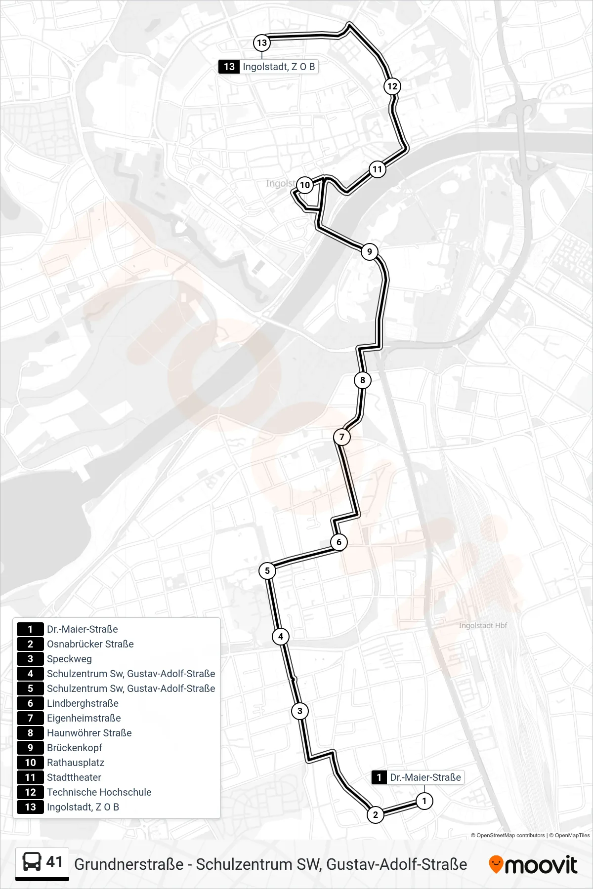 41 bus Line (Z O B) route and stops on a map