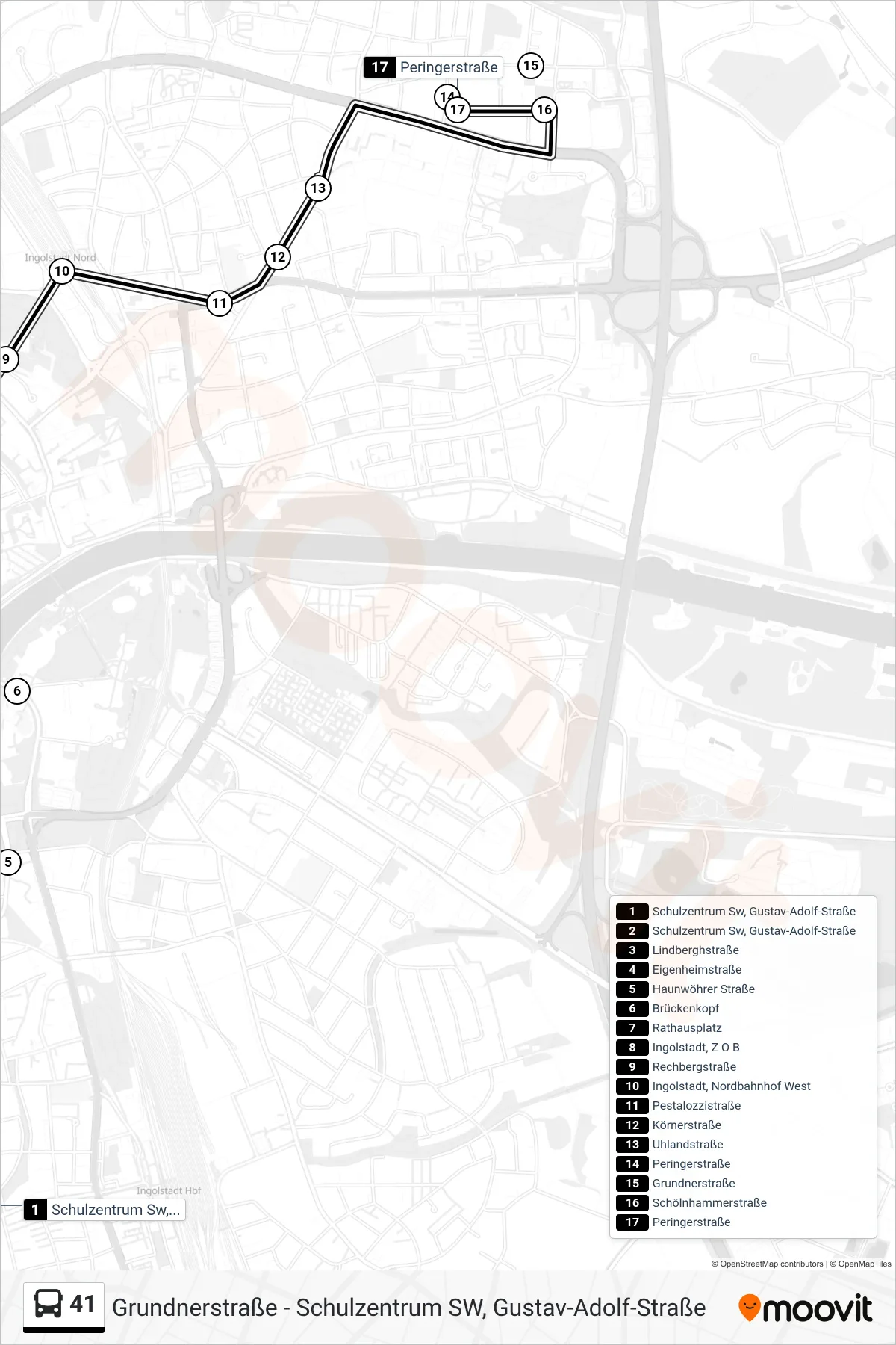 41 bus Line (Römerstraße) route and stops on a map