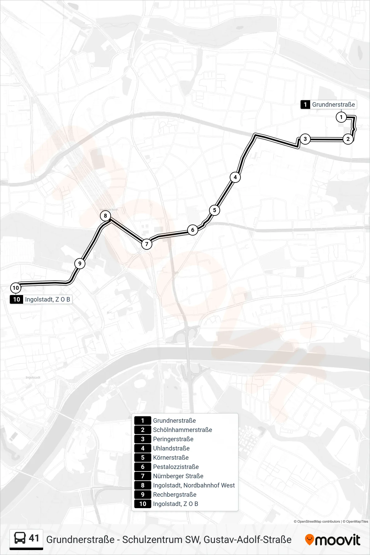 41 bus Line (Z O B) route and stops on a map