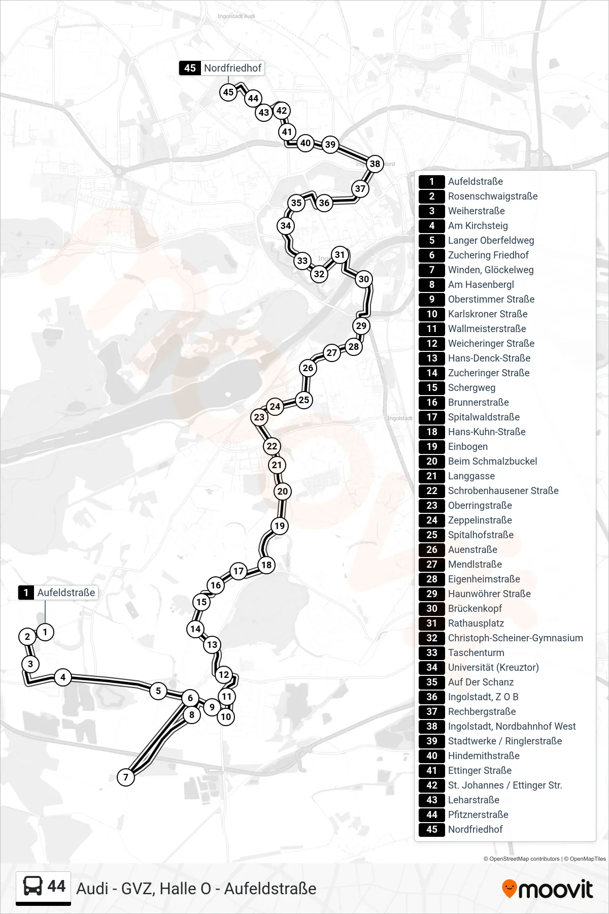 44 bus Line (Nordfriedhof) route and stops on a map