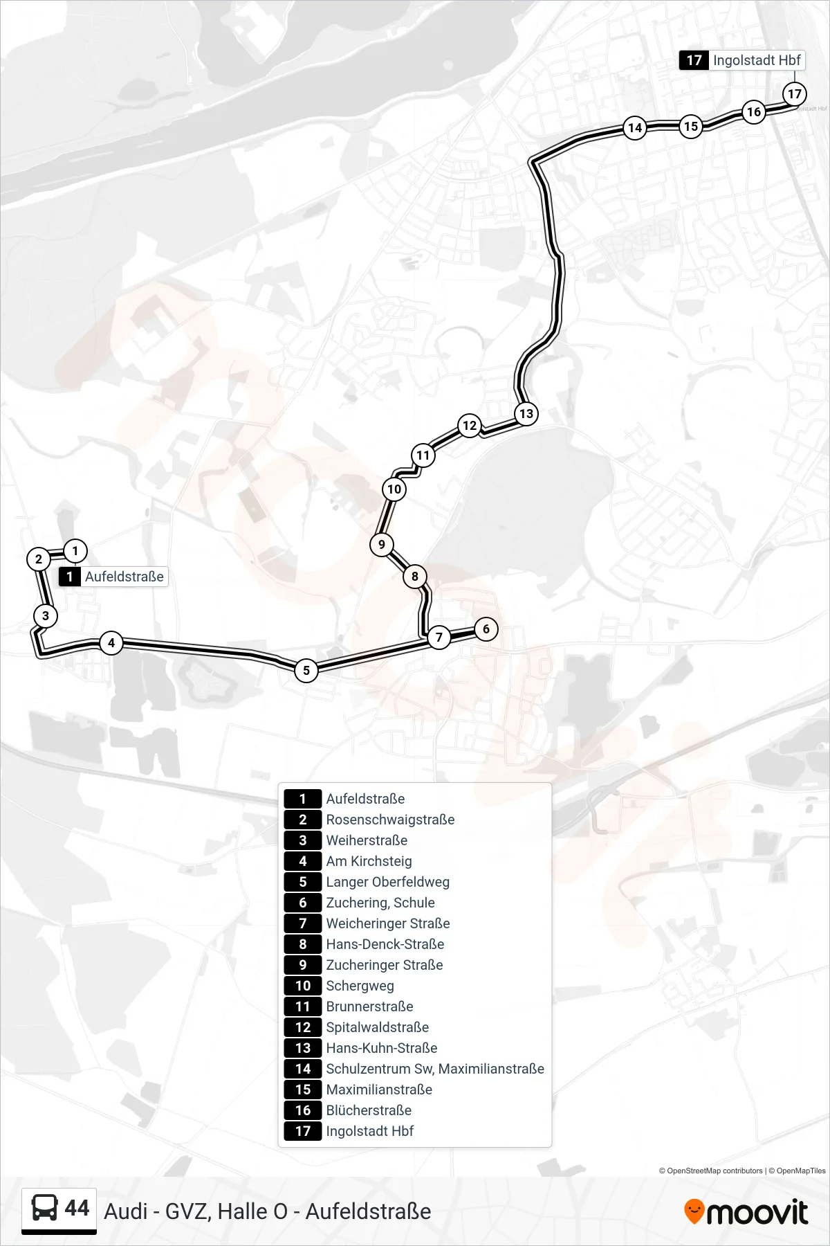 44 bus Line (Hauptbahnhof) route and stops on a map