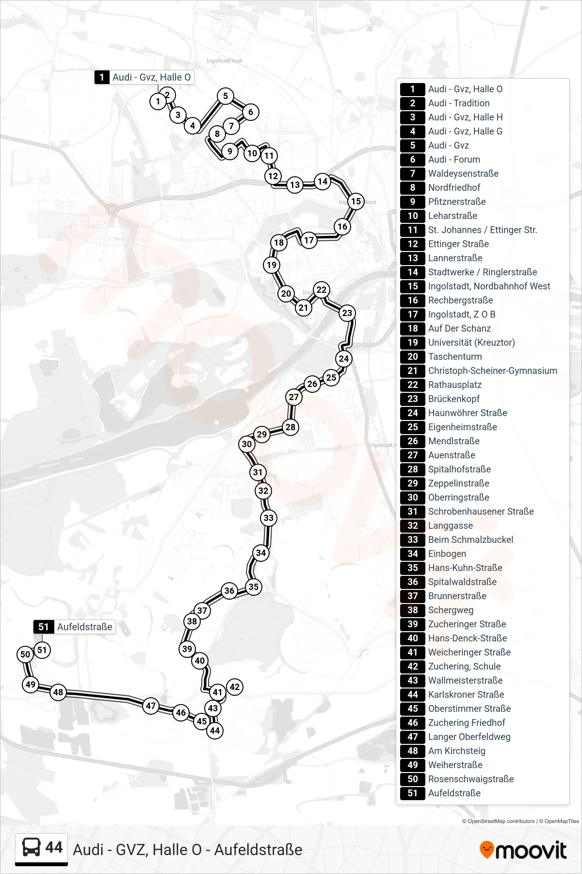 44 bus Line (Zuchering-Hagau) route and stops on a map