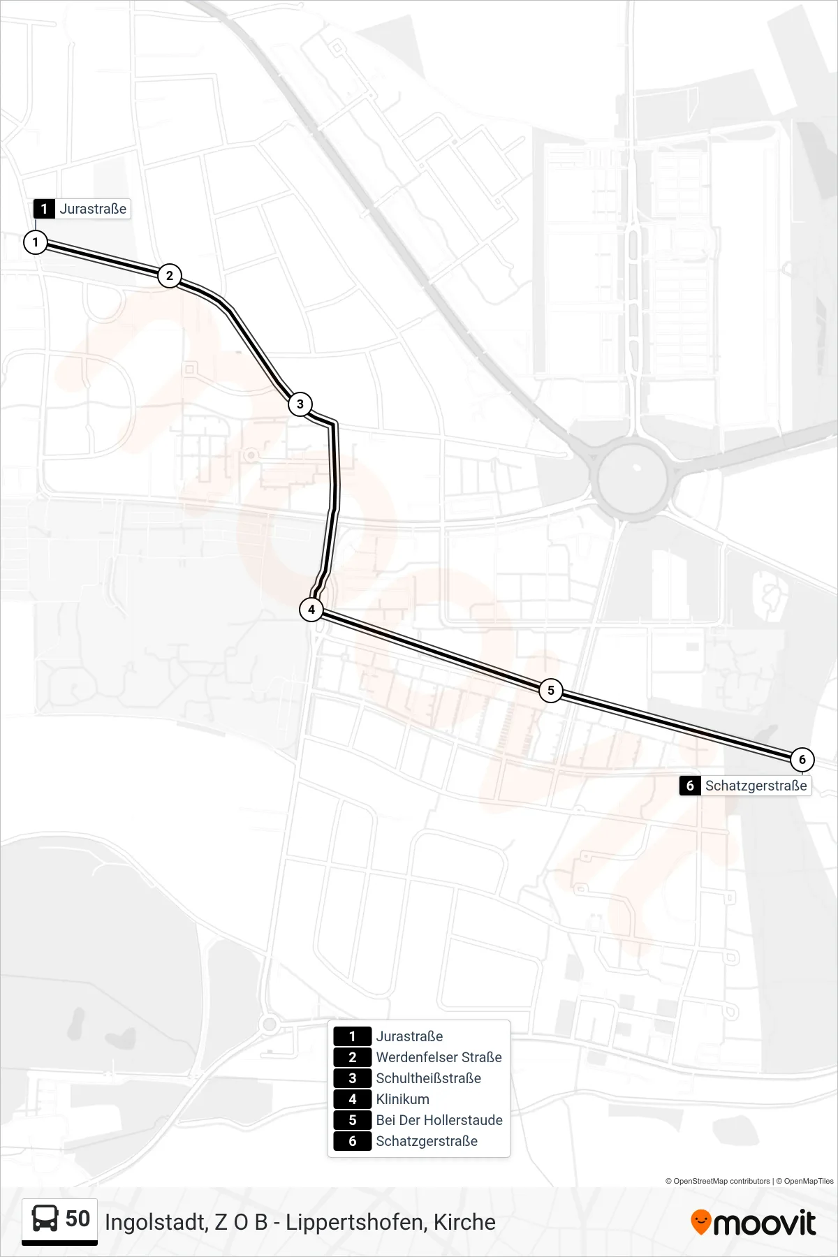 50 bus Line (Schatzgerstraße) route and stops on a map