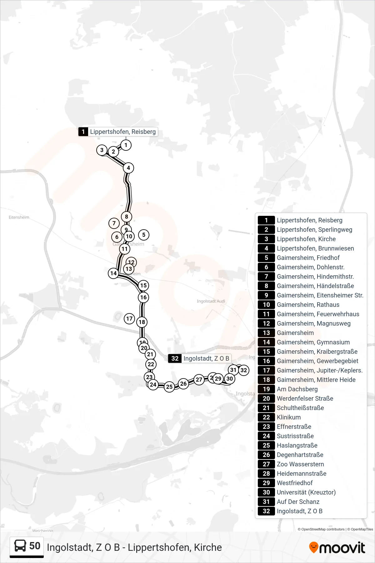 50 bus Line (Z O B) route and stops on a map
