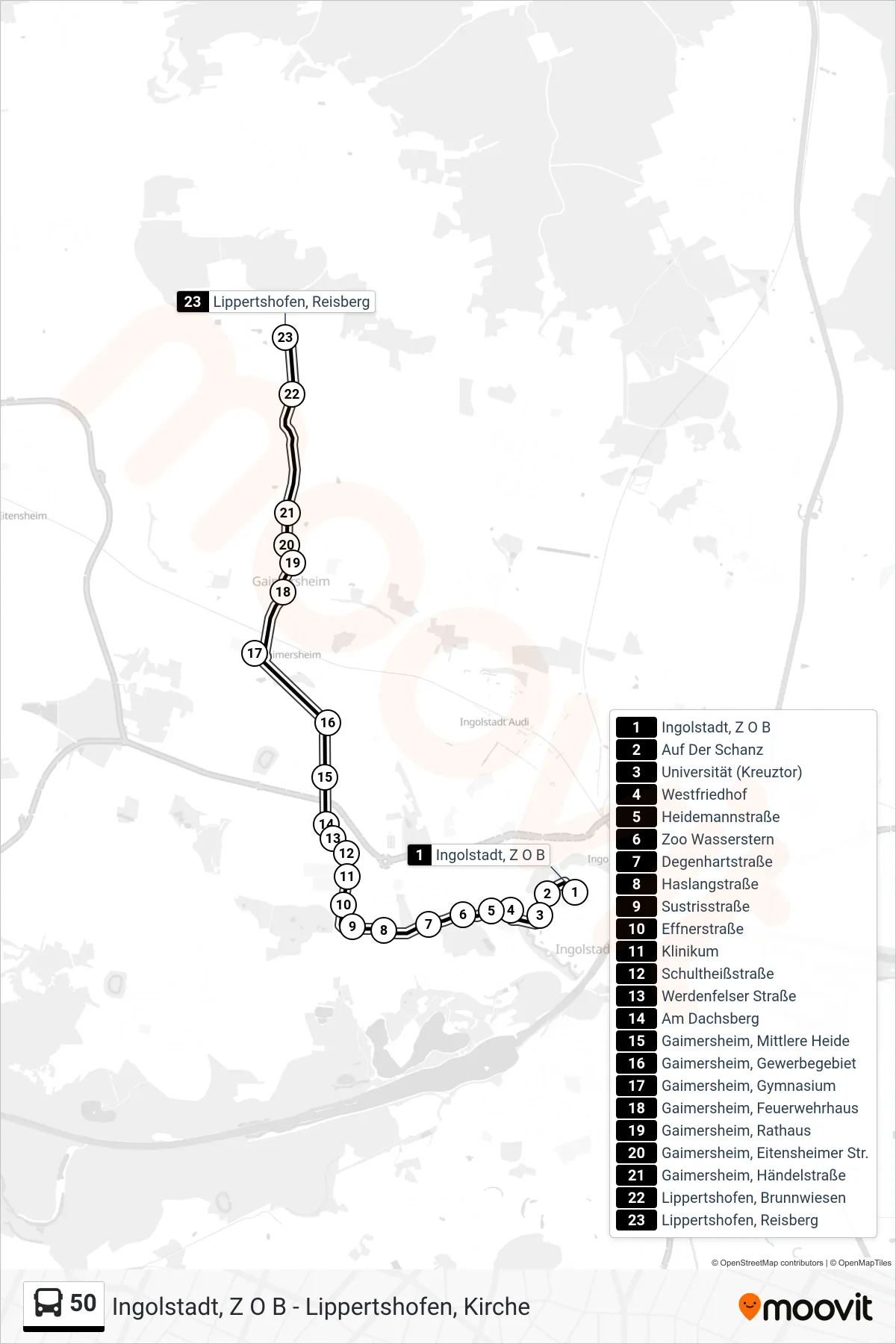 50 bus Line (Gaimersheim Via Gymnasium) route and stops on a map
