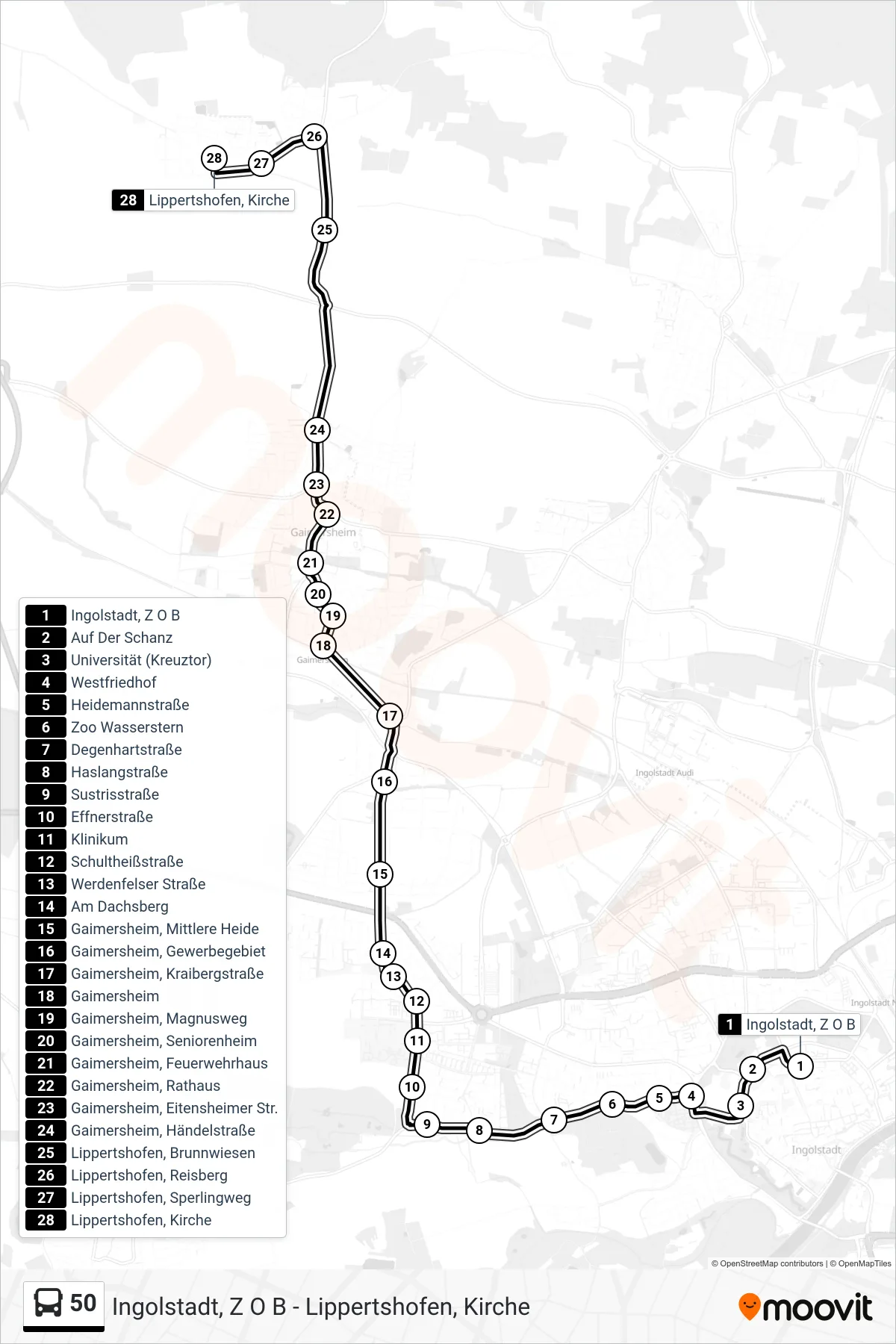 50 bus Line (Lippertshofen) route and stops on a map