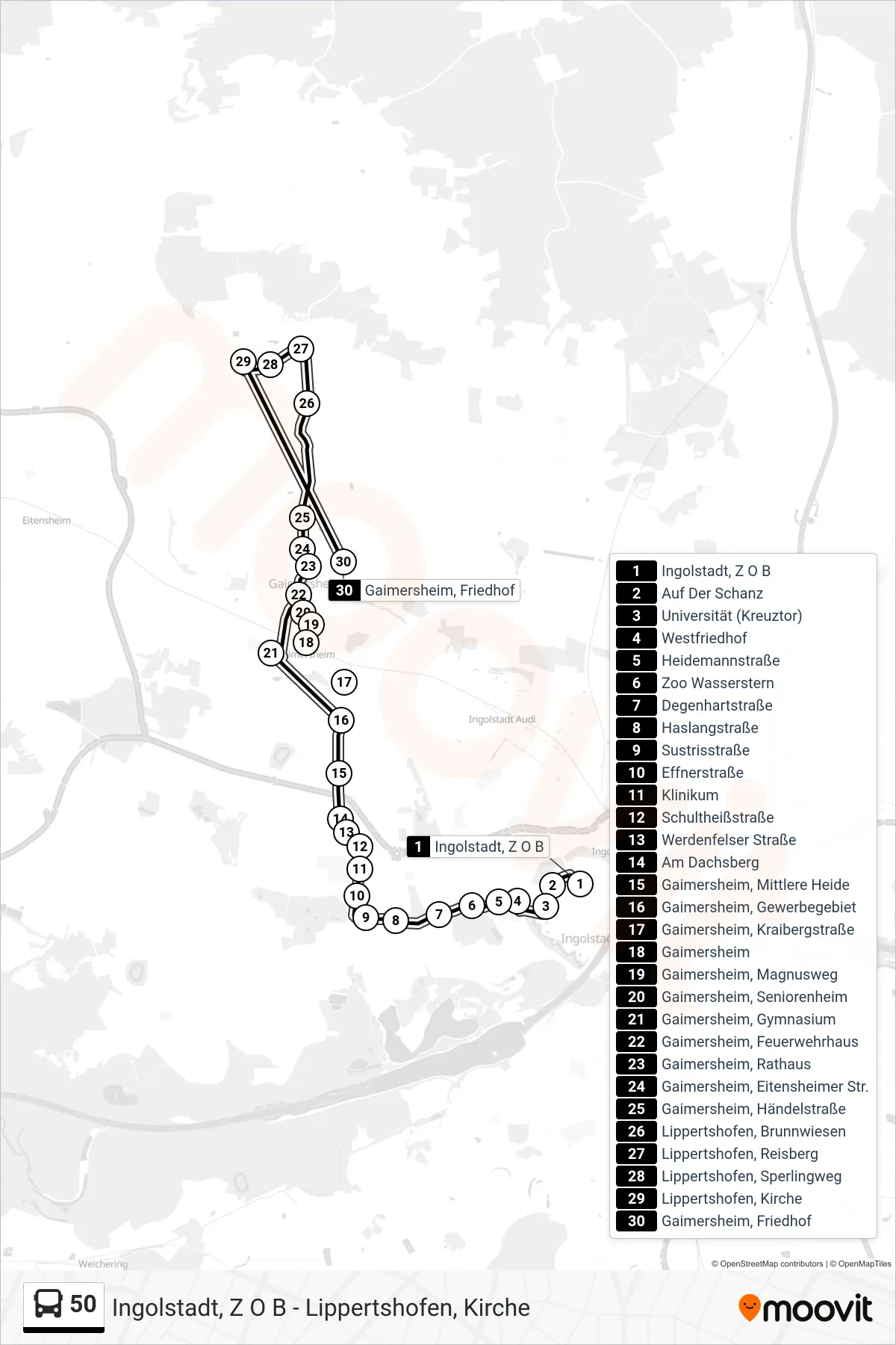 50 bus Line (Gaimersheim) route and stops on a map