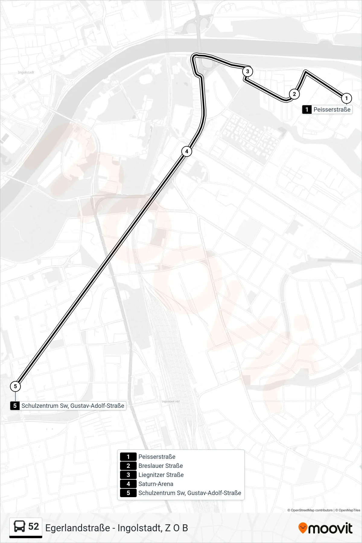 52 bus Line (Schulzentrum SW) route and stops on a map