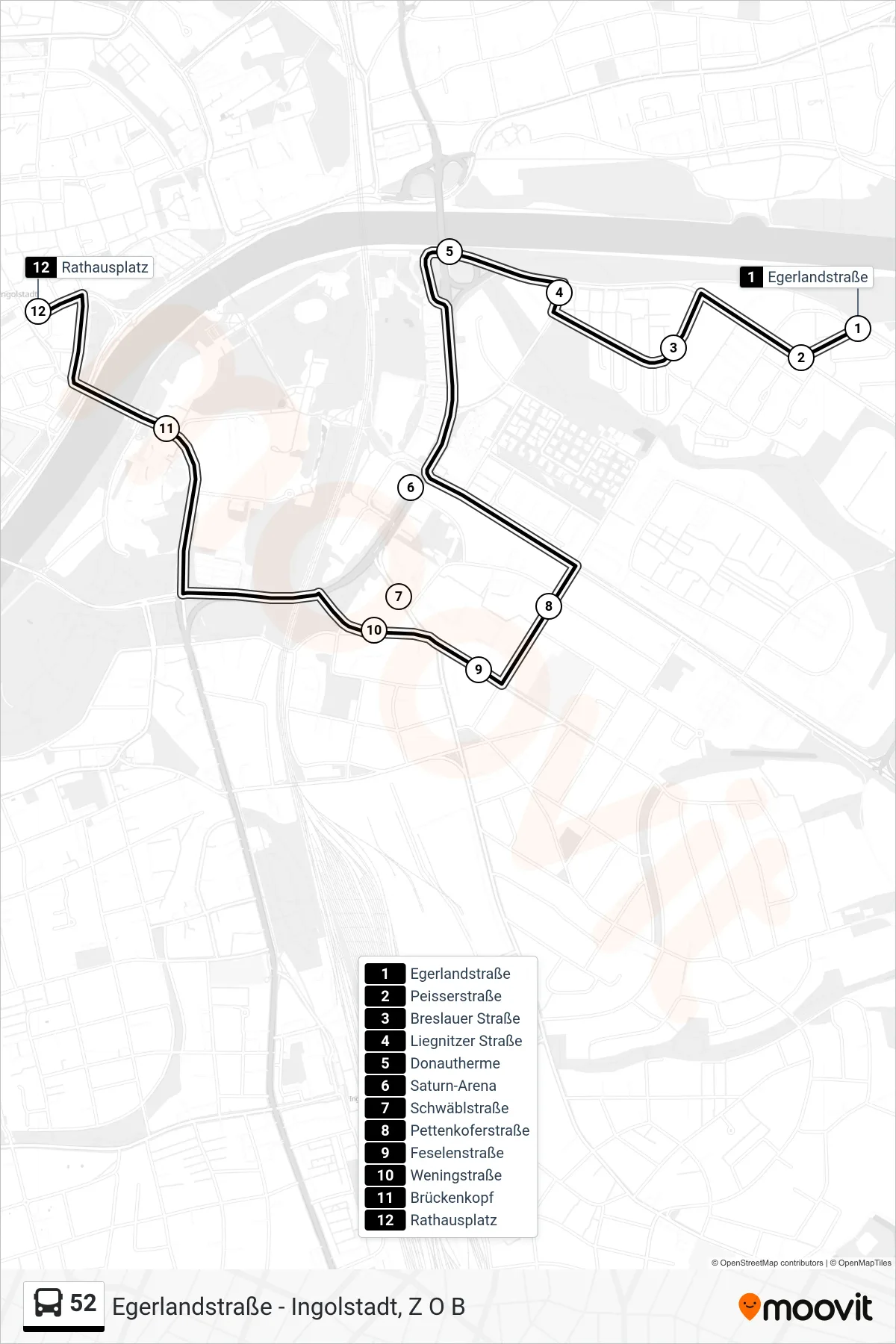 52 bus Line (Rathausplatz) route and stops on a map