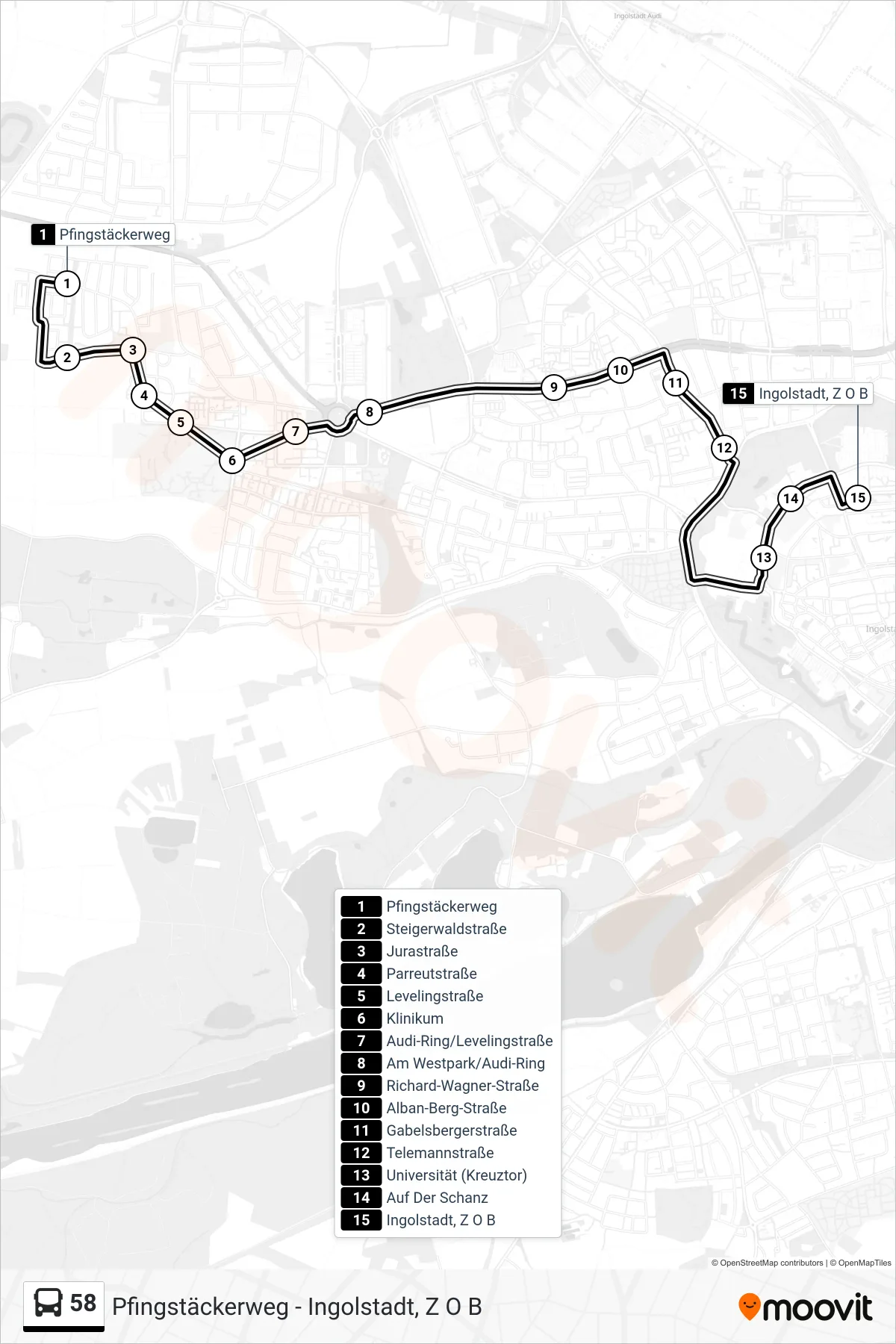 Linie 58 (Bus) Richtung Z O B Ü. Uni/Kreuztor: Route und Haltestellen auf der Karte