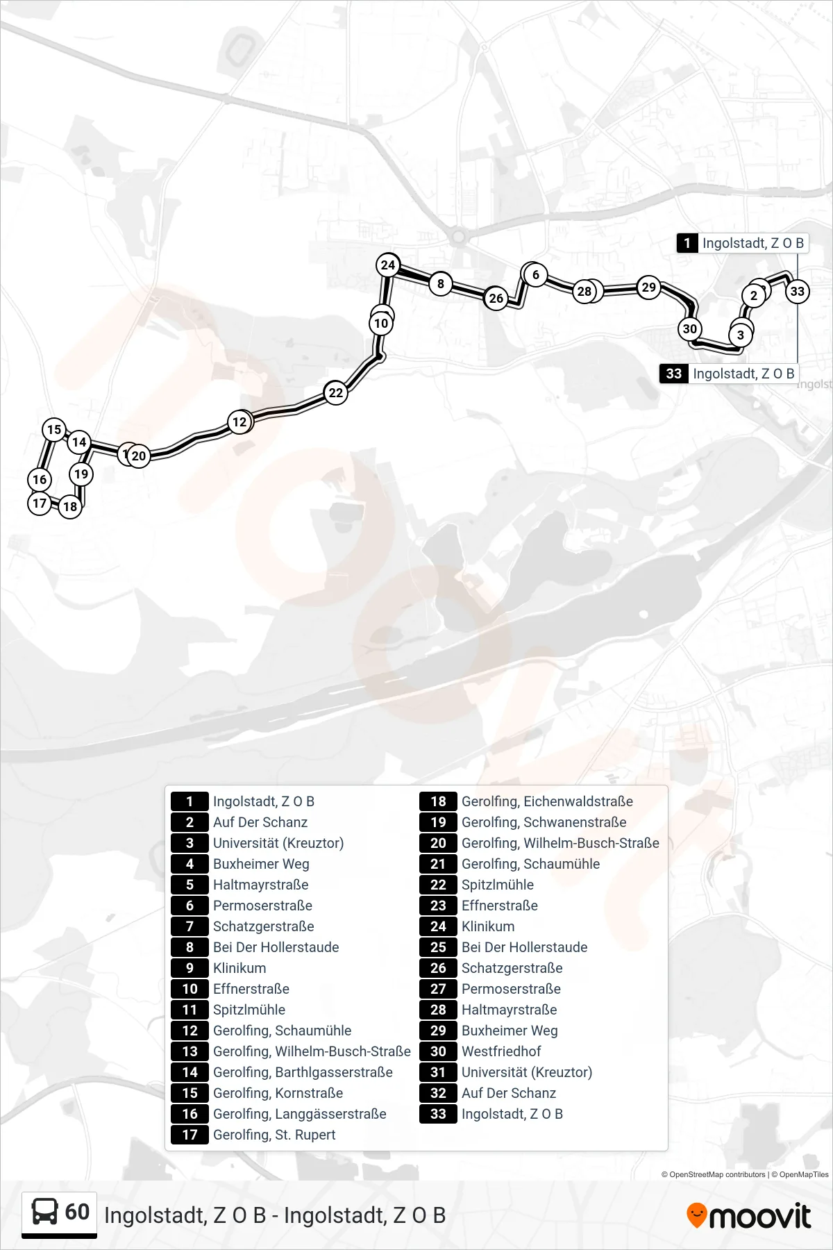 Linie 60 (Bus) Richtung Ingolstadt, Z O B: Route und Haltestellen auf der Karte