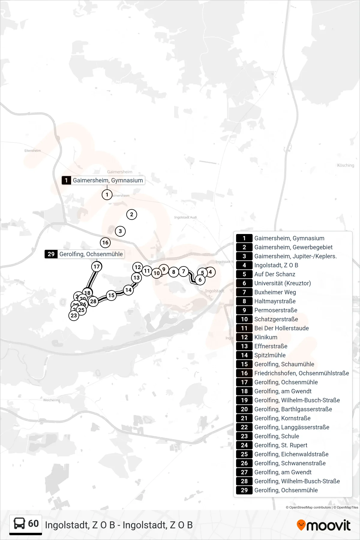 60 bus Line (Gerolfing) route and stops on a map