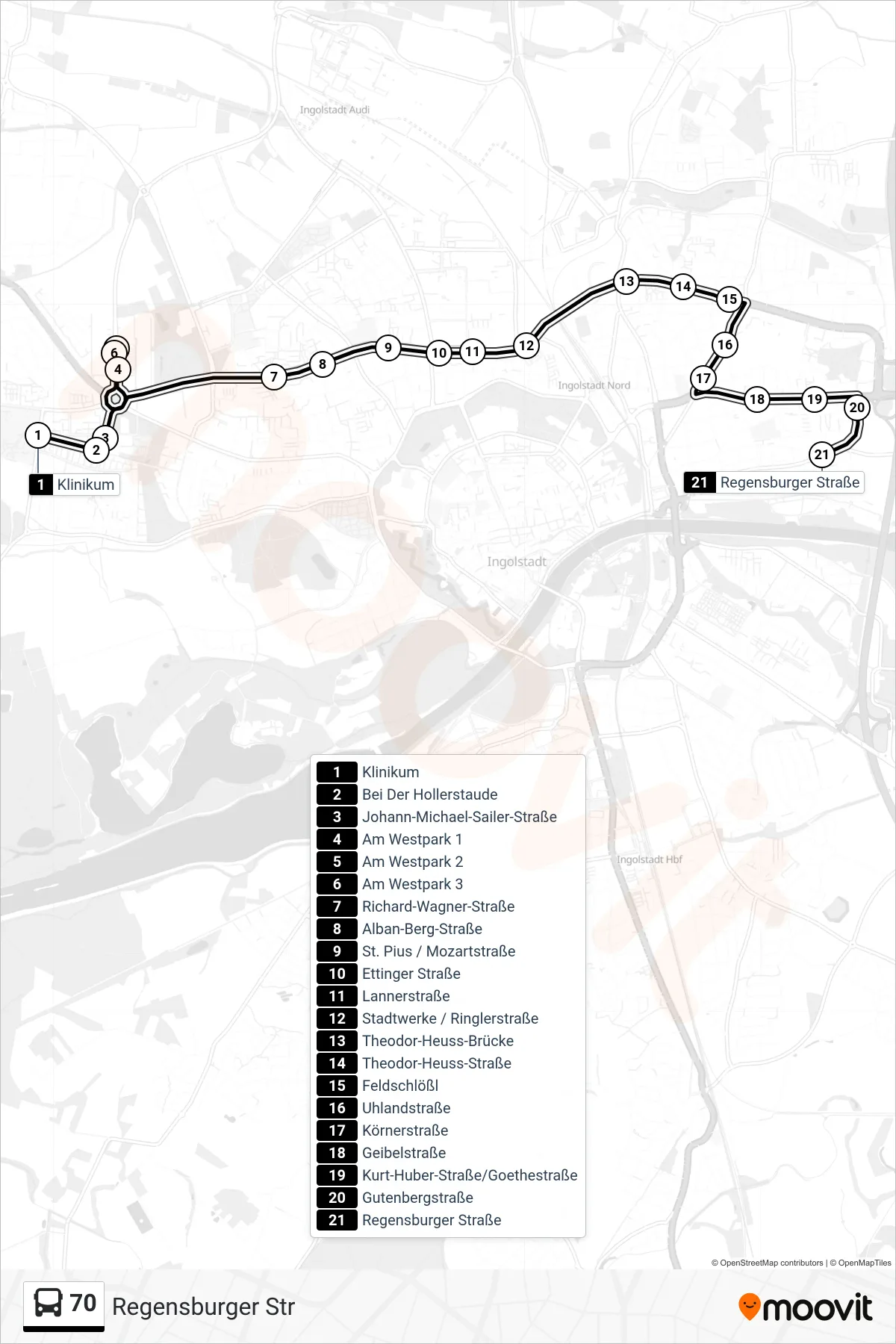 Linie 70 (Bus) Richtung Regensburger Str: Route und Haltestellen auf der Karte