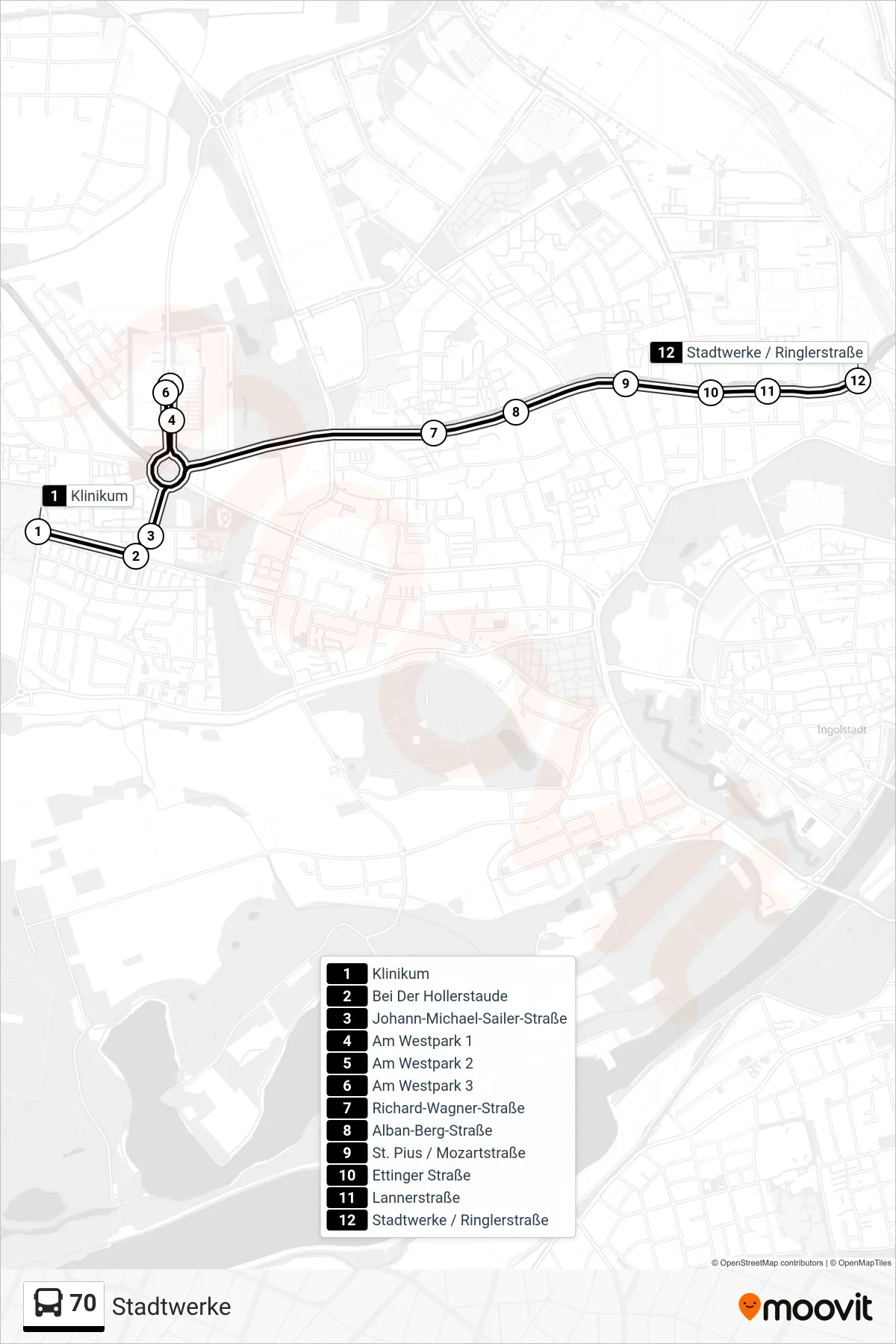 70 bus Line (Stadtwerke) route and stops on a map