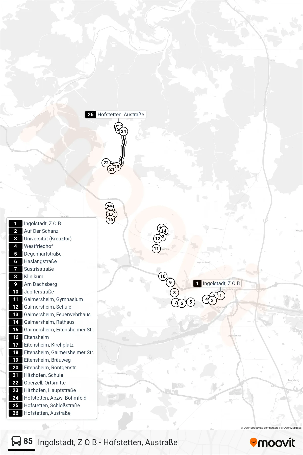 85 bus Line (Hofstetten) route and stops on a map