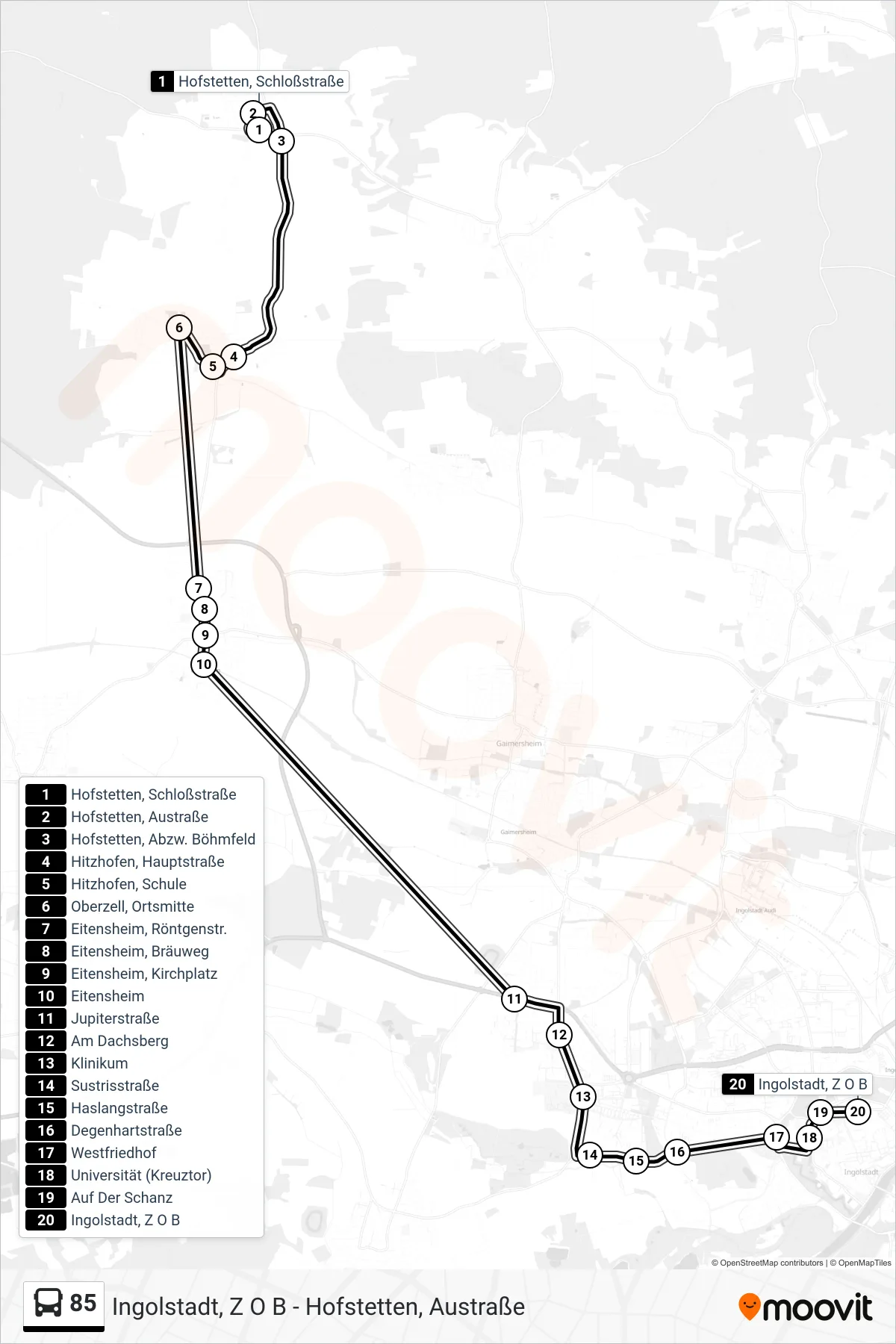 Linie 85 (Bus) Richtung Z O B: Route und Haltestellen auf der Karte