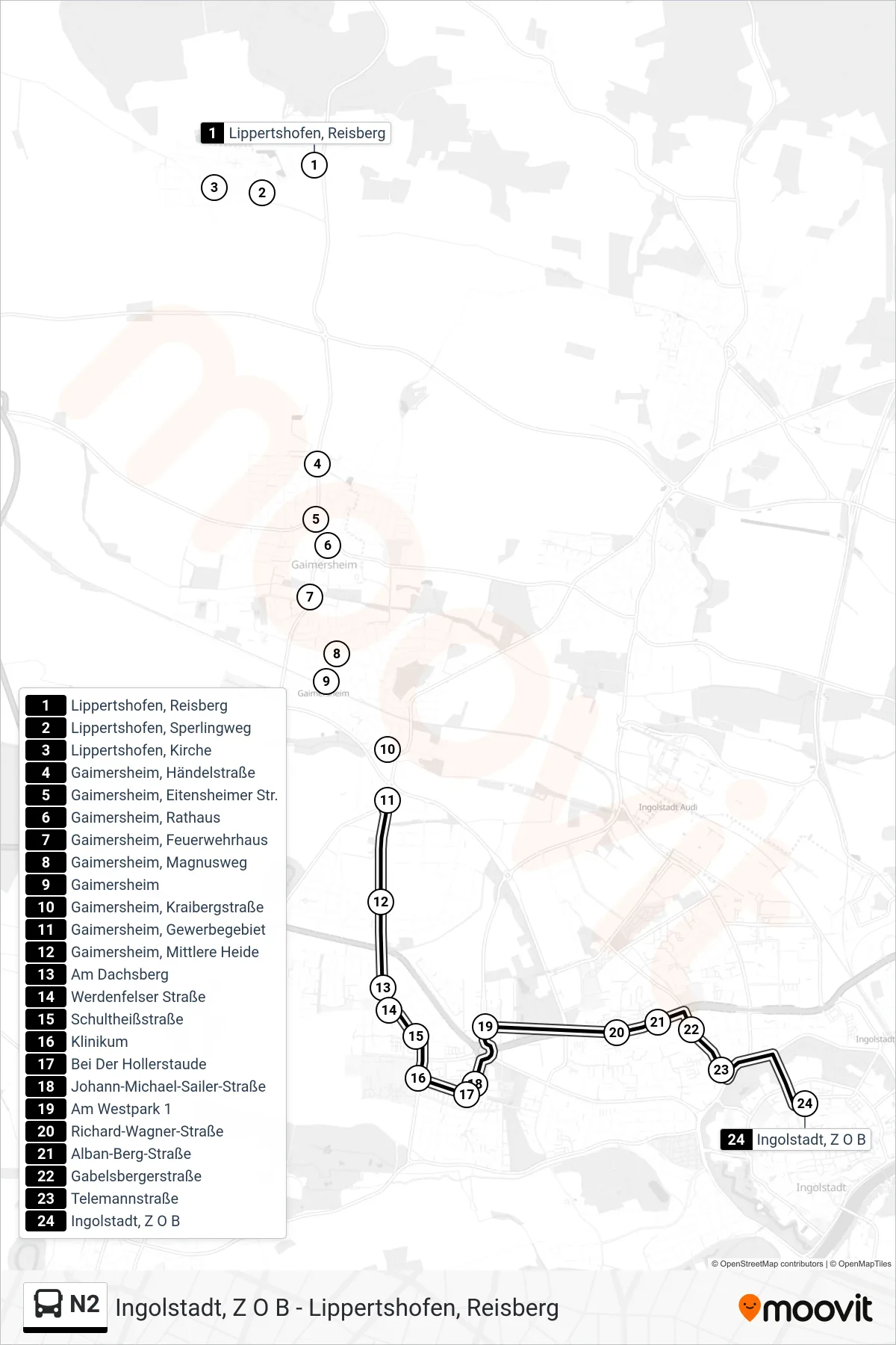 N2 bus Line (Z O B) route and stops on a map