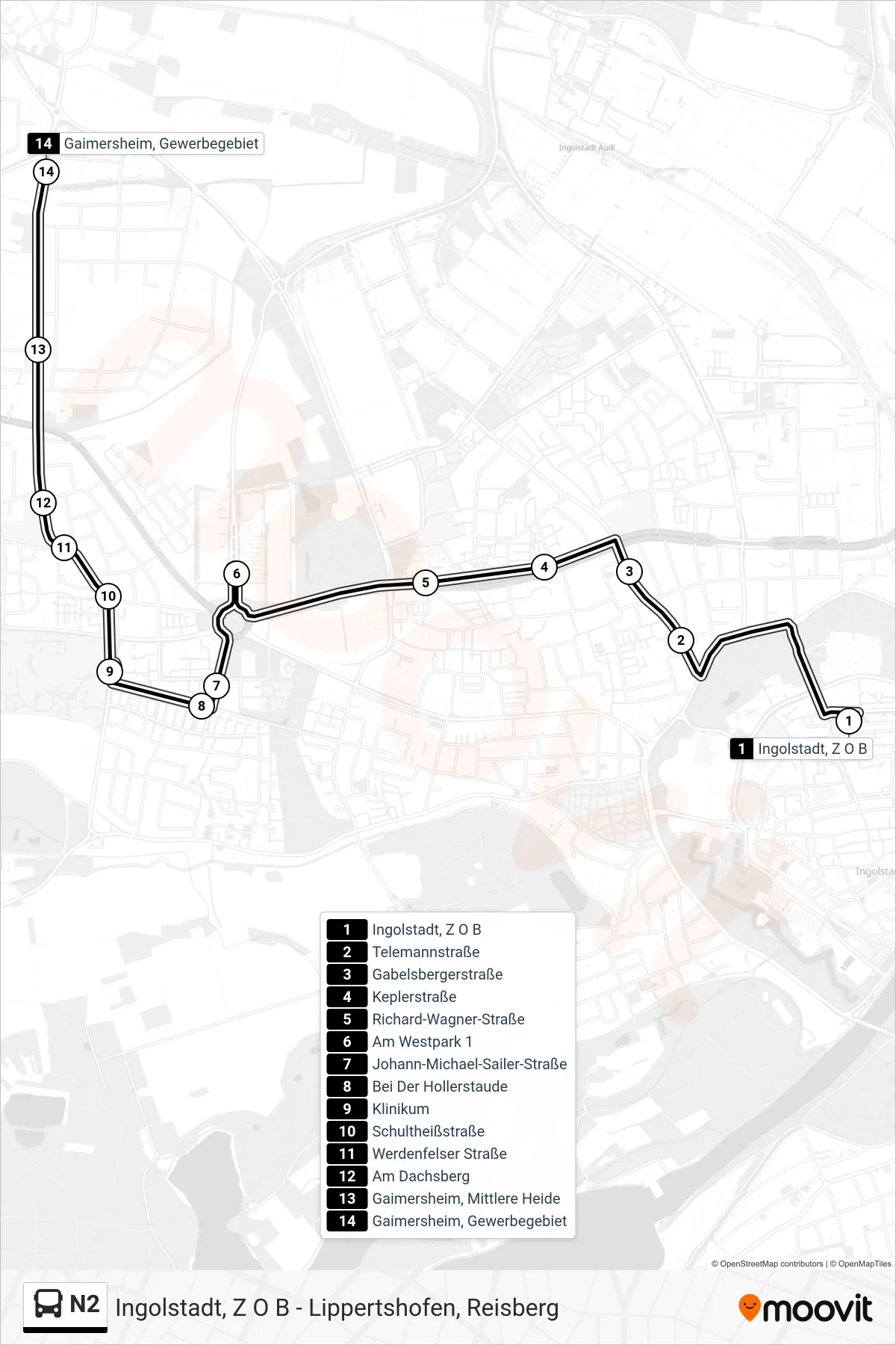 Linie N2 (Bus) Richtung Gaimersheim Gewerbegebiet: Route und Haltestellen auf der Karte