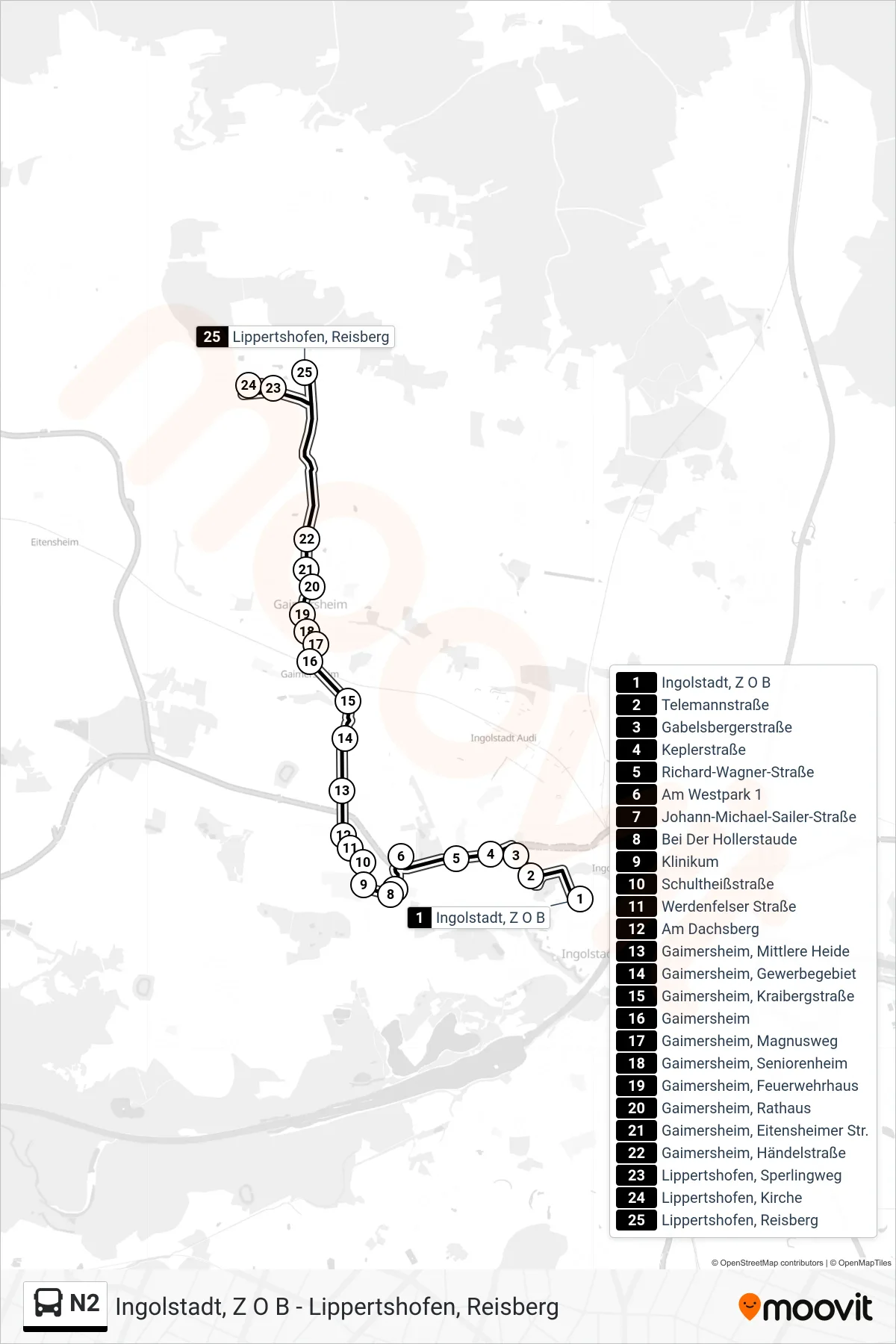 N2 bus Line (Lippertshofen) route and stops on a map