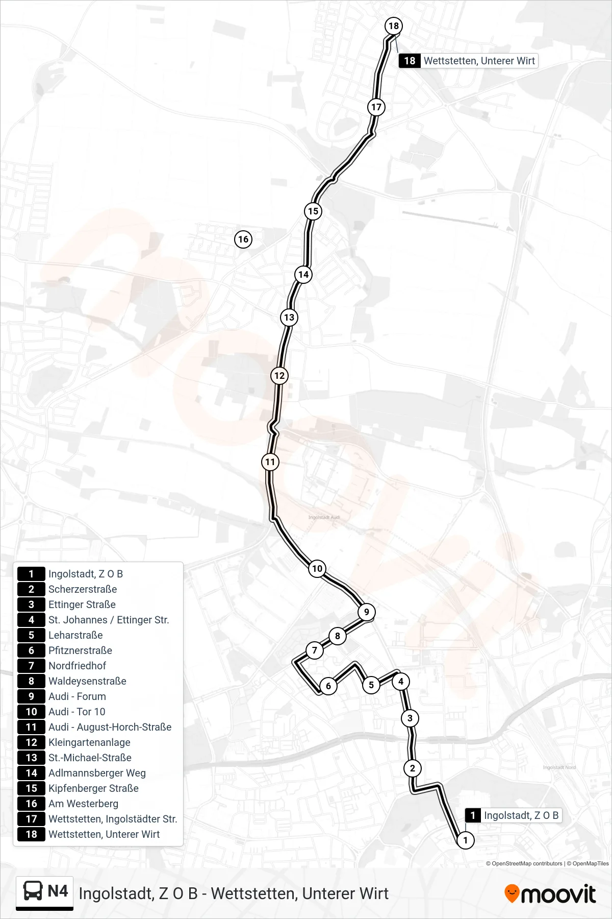 N4 bus Line (Wettstetten) route and stops on a map
