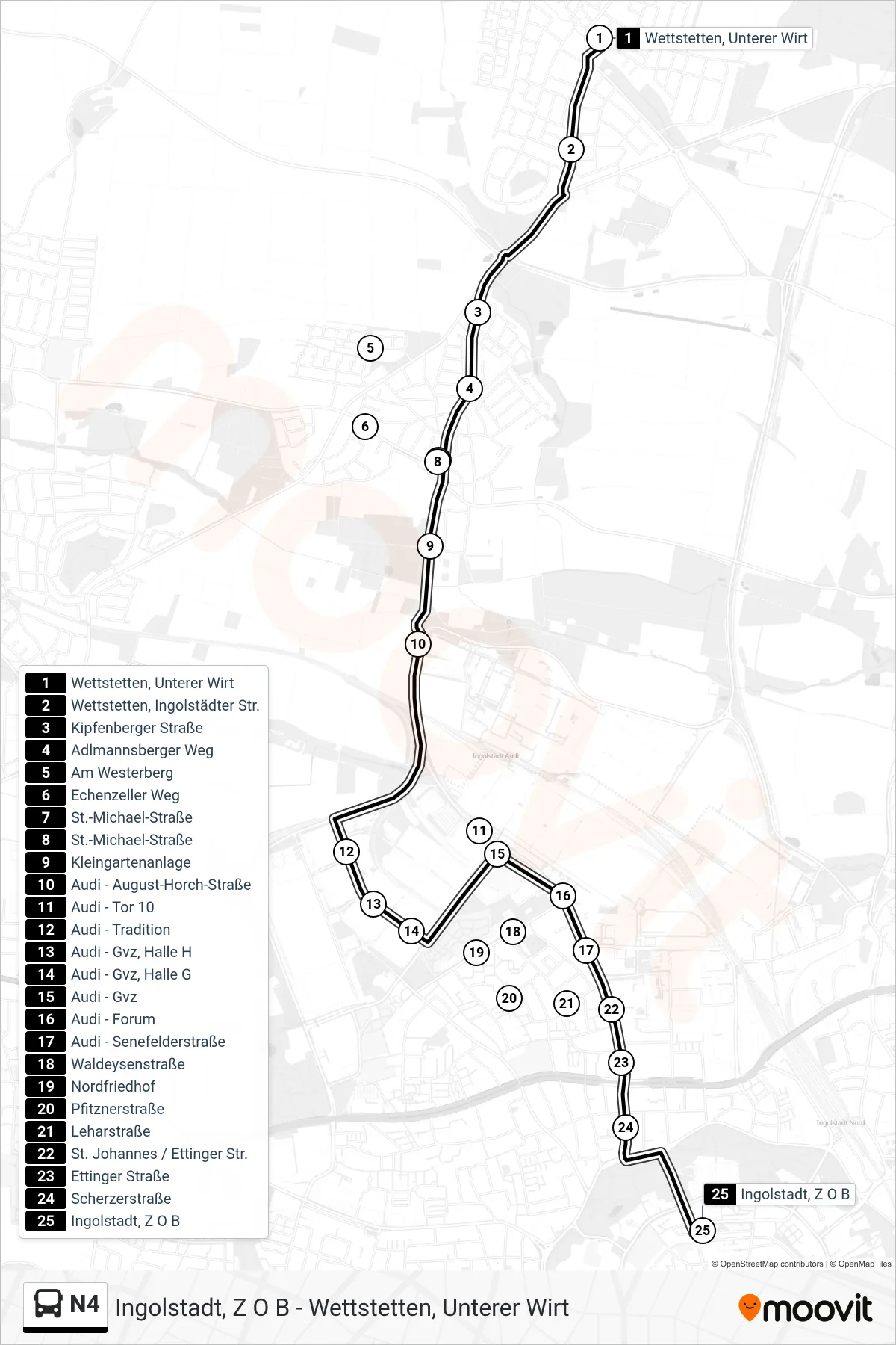 Linie N4 (Bus) Richtung Z O B: Route und Haltestellen auf der Karte