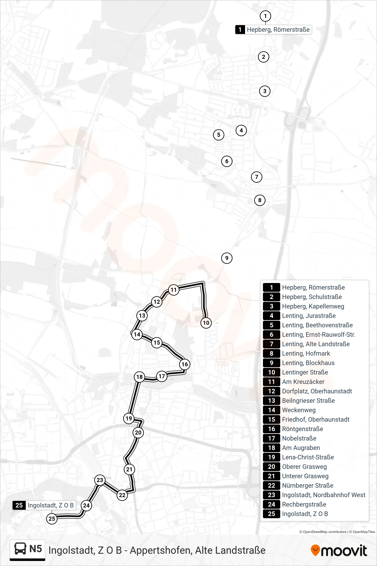 N5 bus Line (Z O B) route and stops on a map